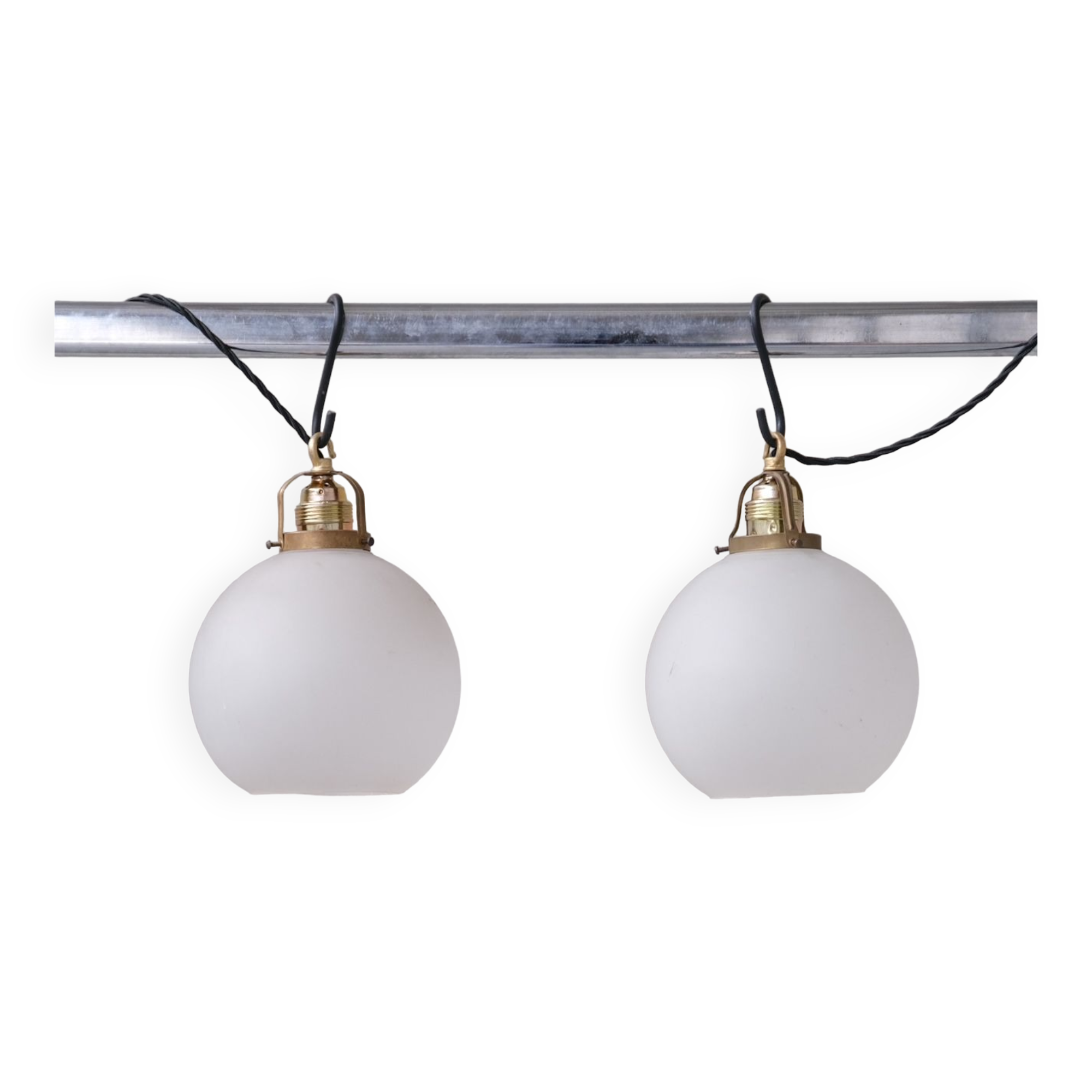 Pair of French Etched Mid-Century Glass Pendant Lights