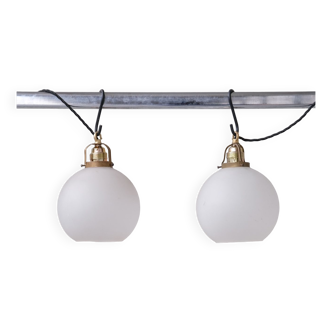 Pair of French Etched Mid-Century Glass Pendant Lights