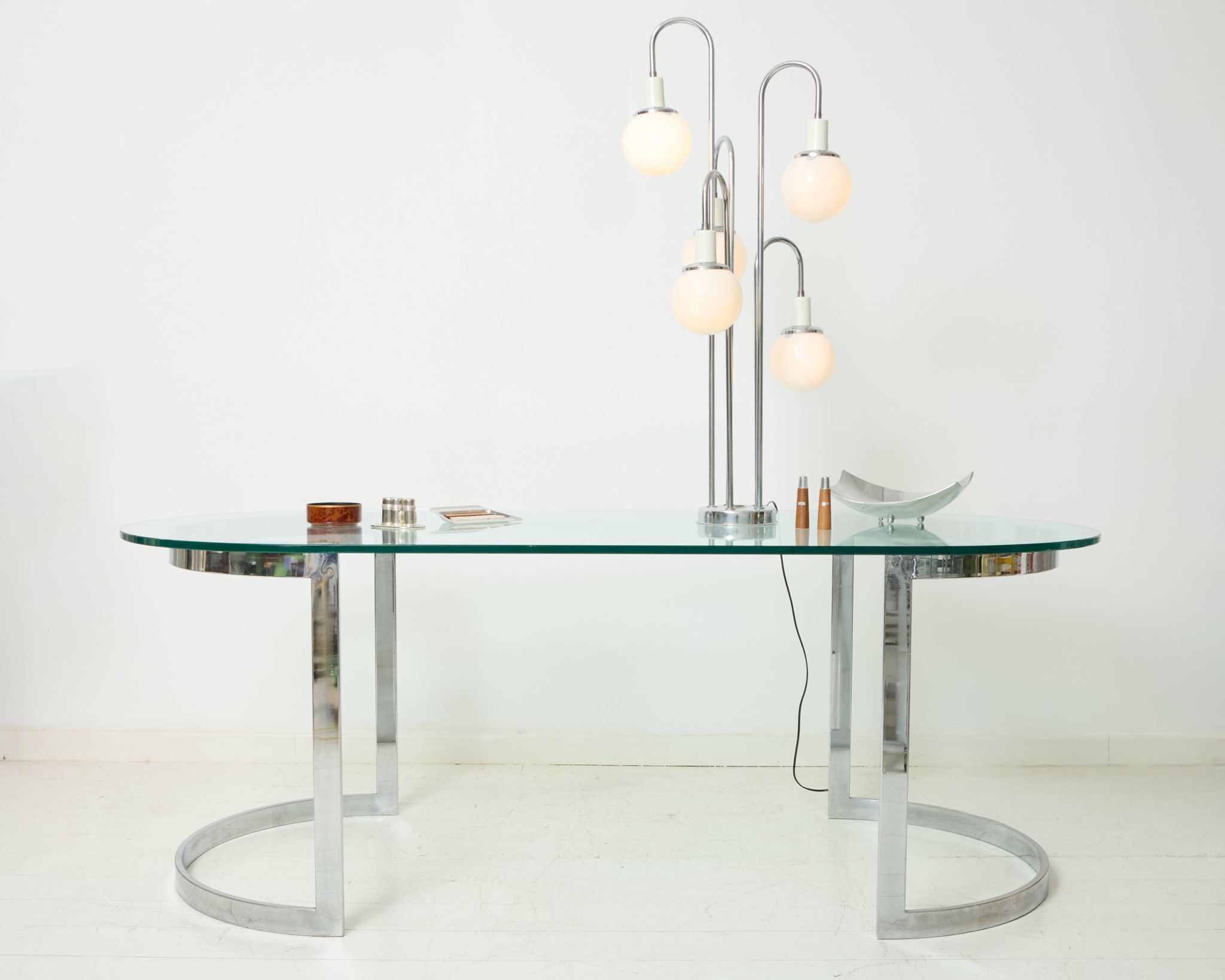 Dining table with a circular base.