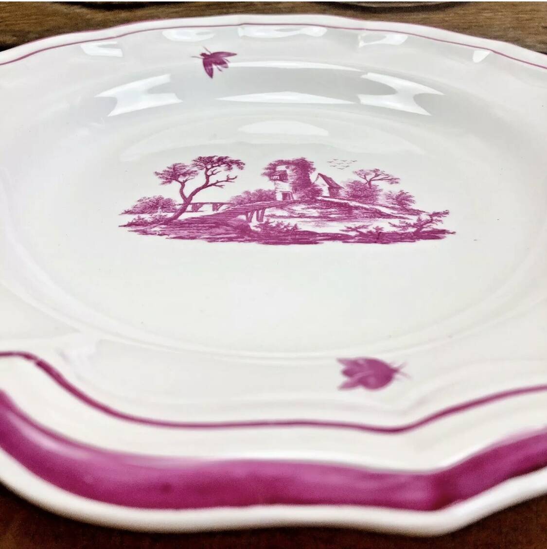 Old round hollow Gien dish, Pink Landscape model, 1938/1960