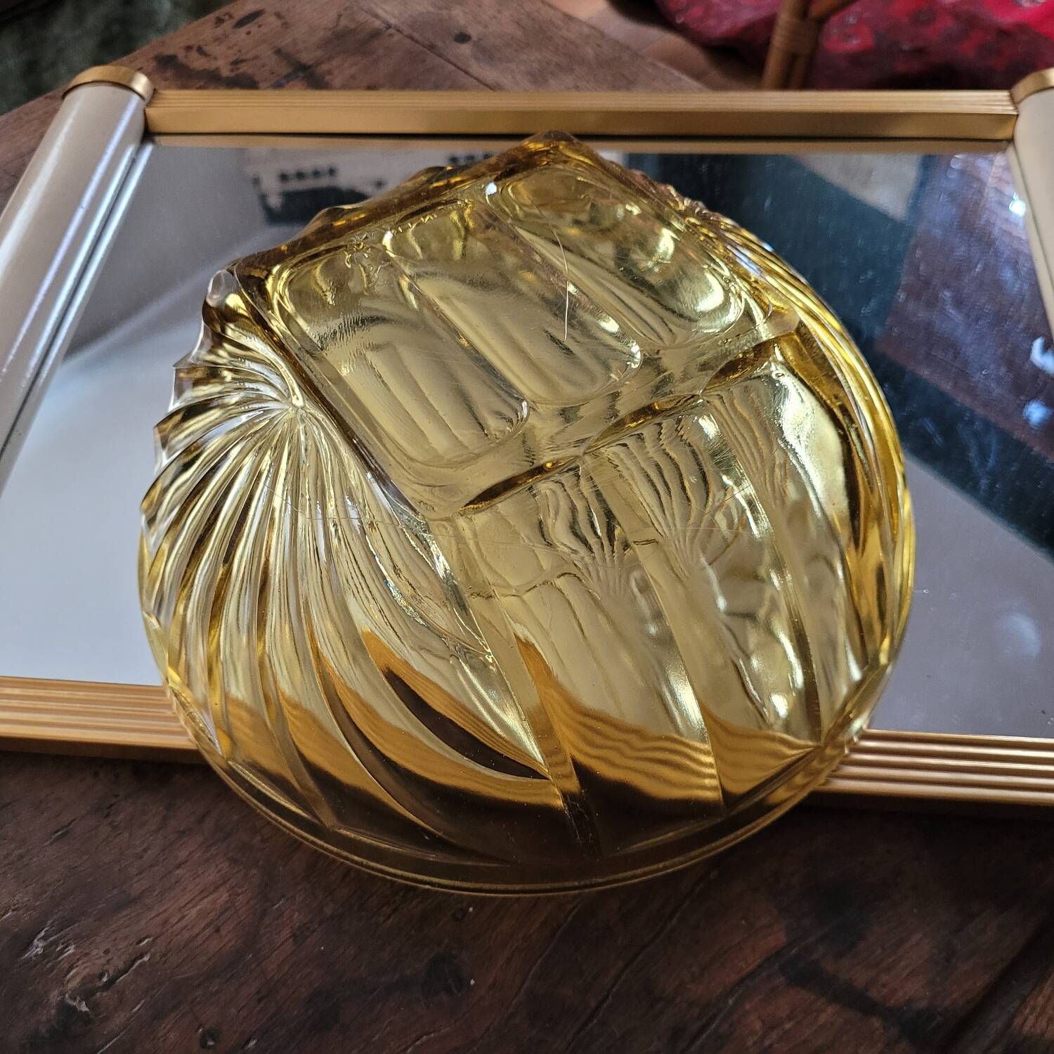 Amber glass bowl – square base and spiral decoration – 1970s design