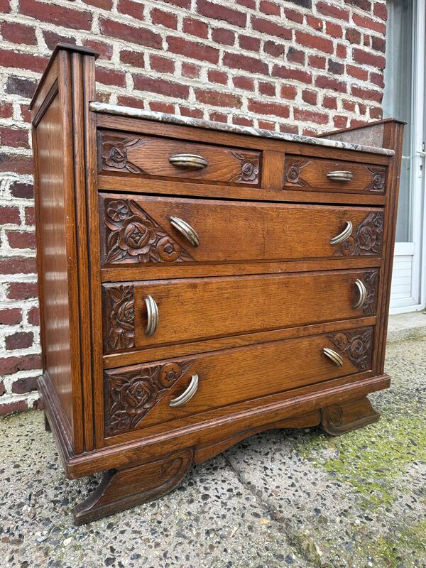 Commode Art Déco, plateau marbre, chêne massif, coiffeuse