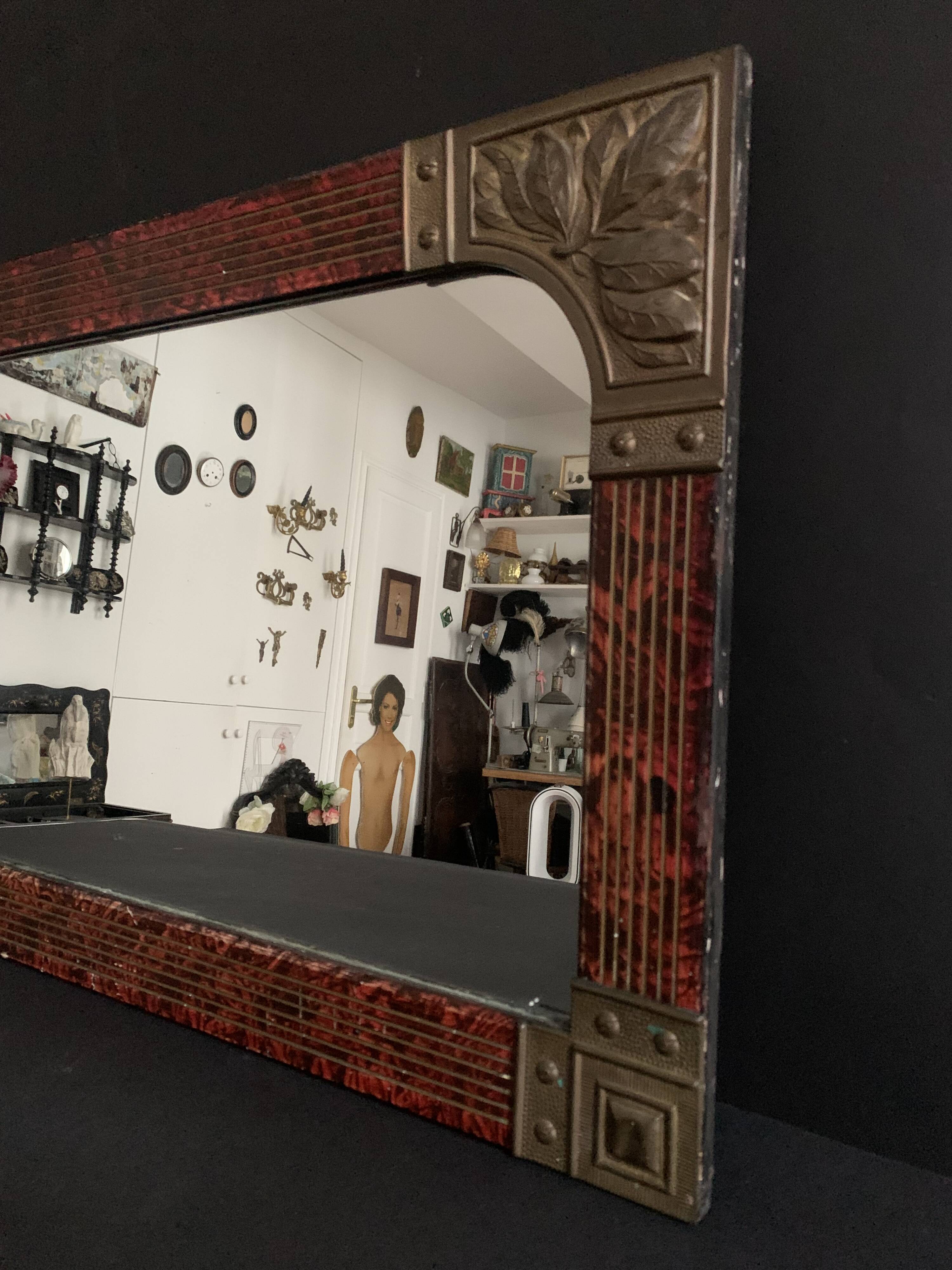 Hand painted art nouveau mirror decorated with chiseled brass, french mercury mirror from the 1920s