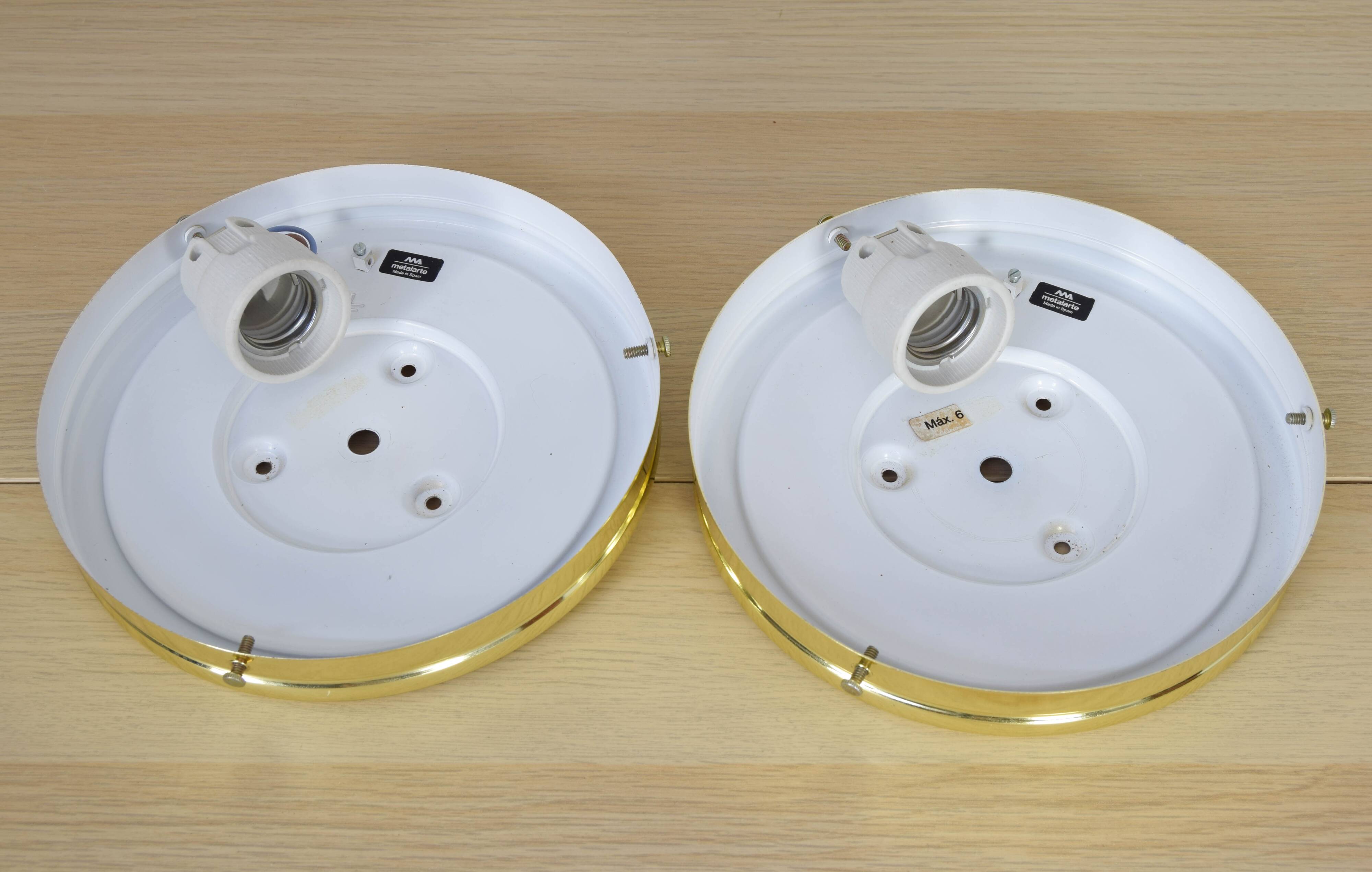 Mid Century Spanish Modern Brass and Opaline Glass Sconces Metalarte 70s