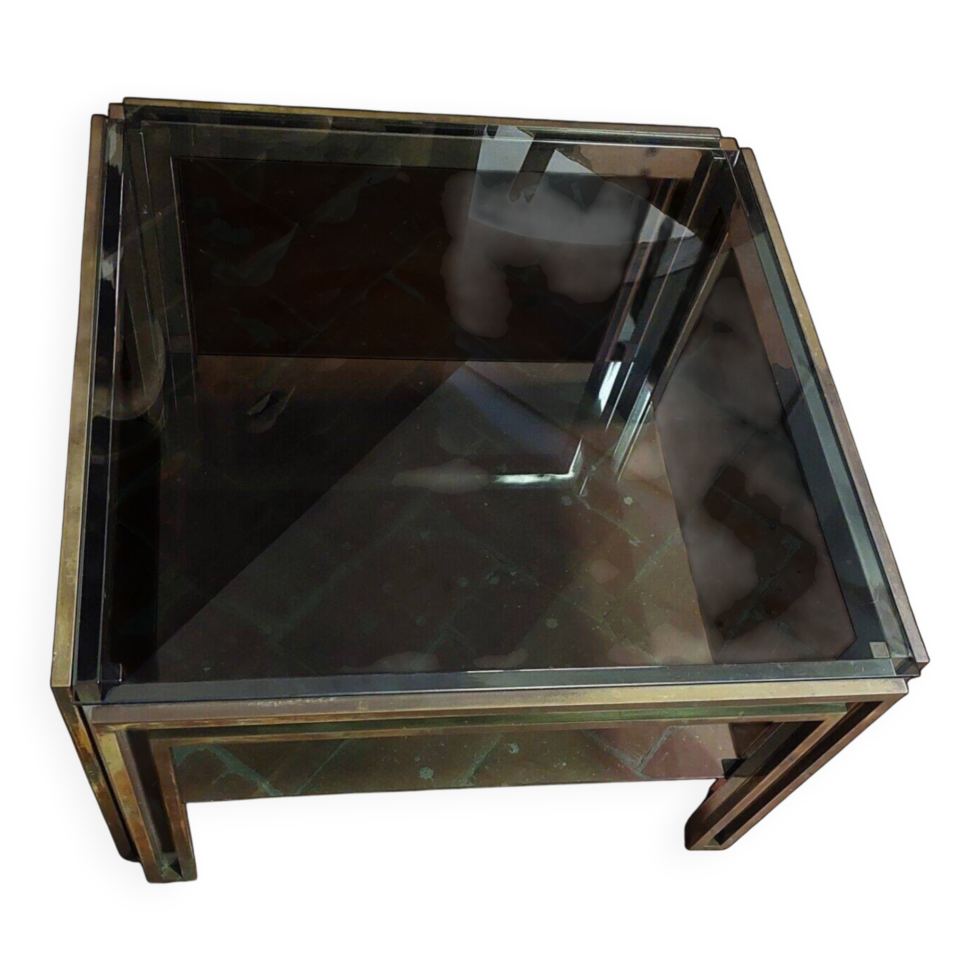 Smoked coffee table, brass, chromed metal, glass, 70s