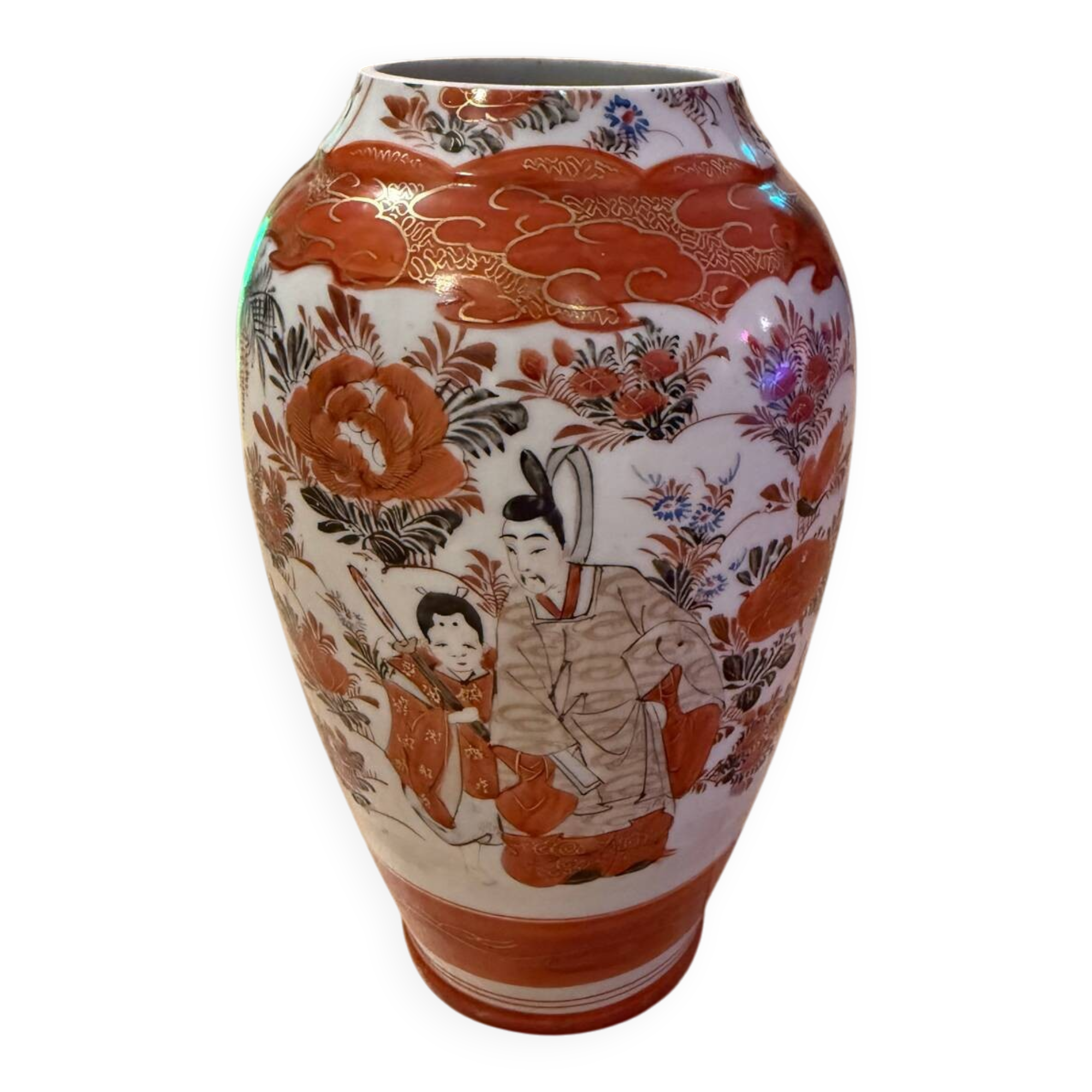Large Japanese Kutani Porcelain Vase – Moriage Floral Relief – Early 2