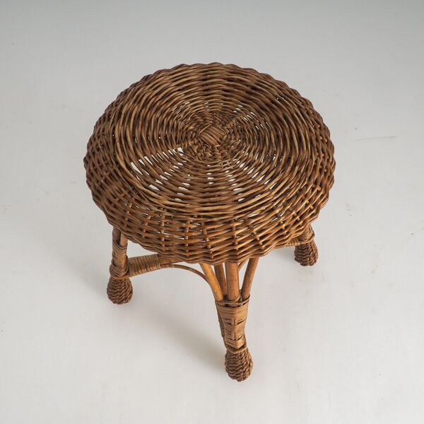 Tabouret vintage en rotin et osier – support de plante