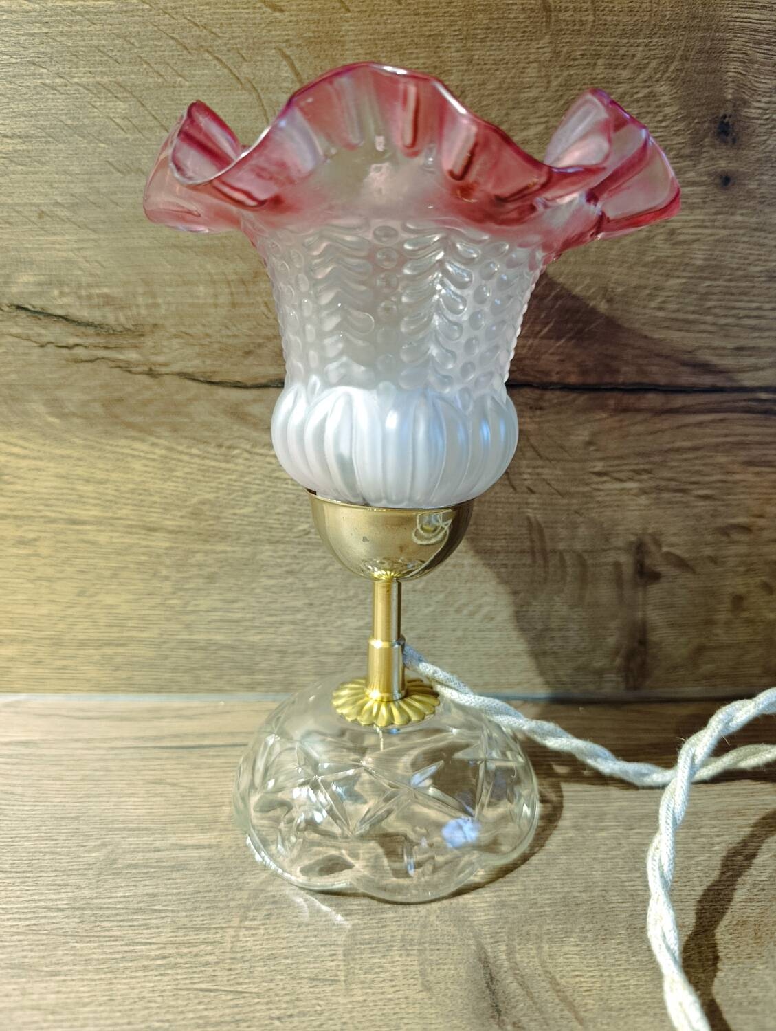 Upcycled vintage pink tulip glass table lamp