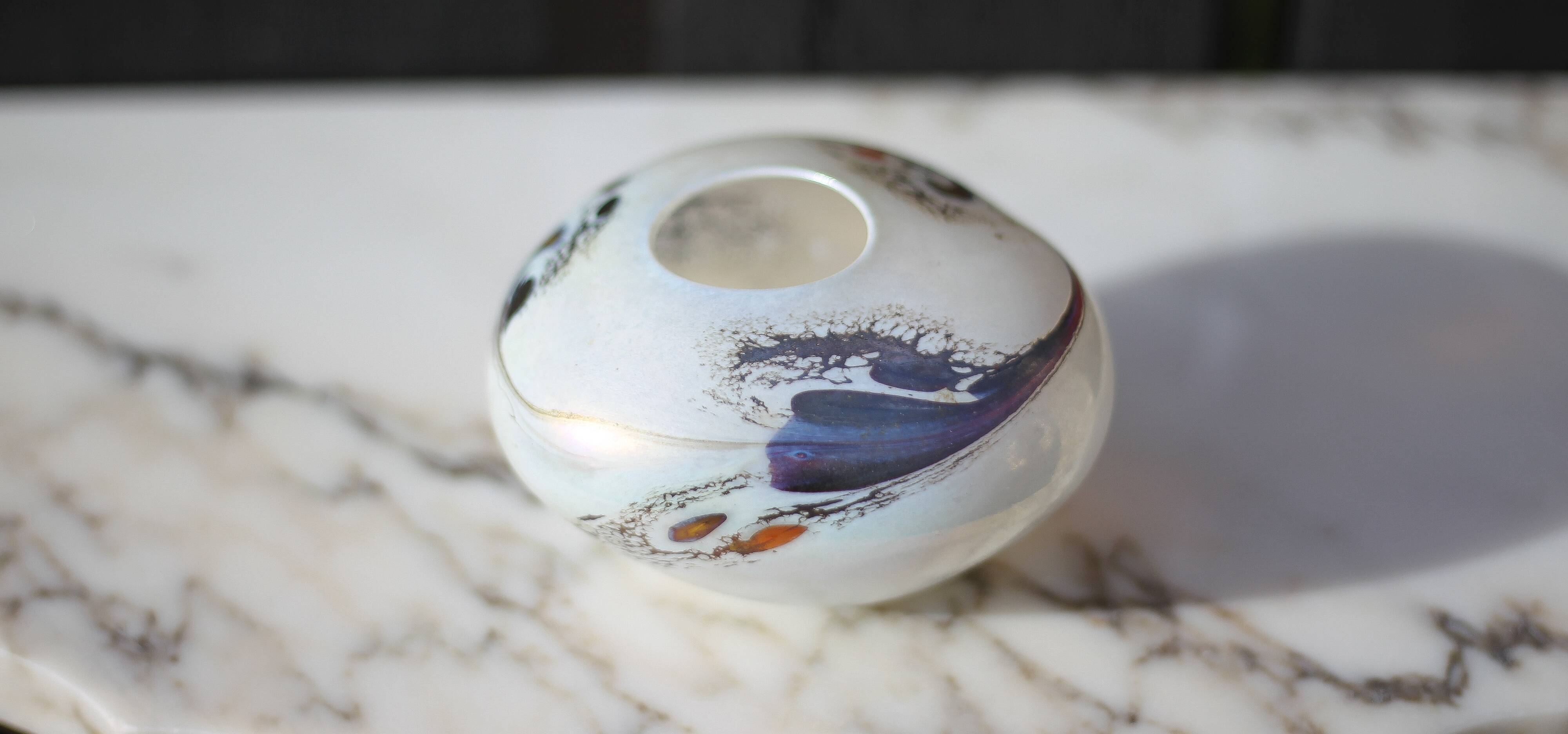 Vintage vase, small iridescent glass vase with patterns, blown glass, collection, interior decoration