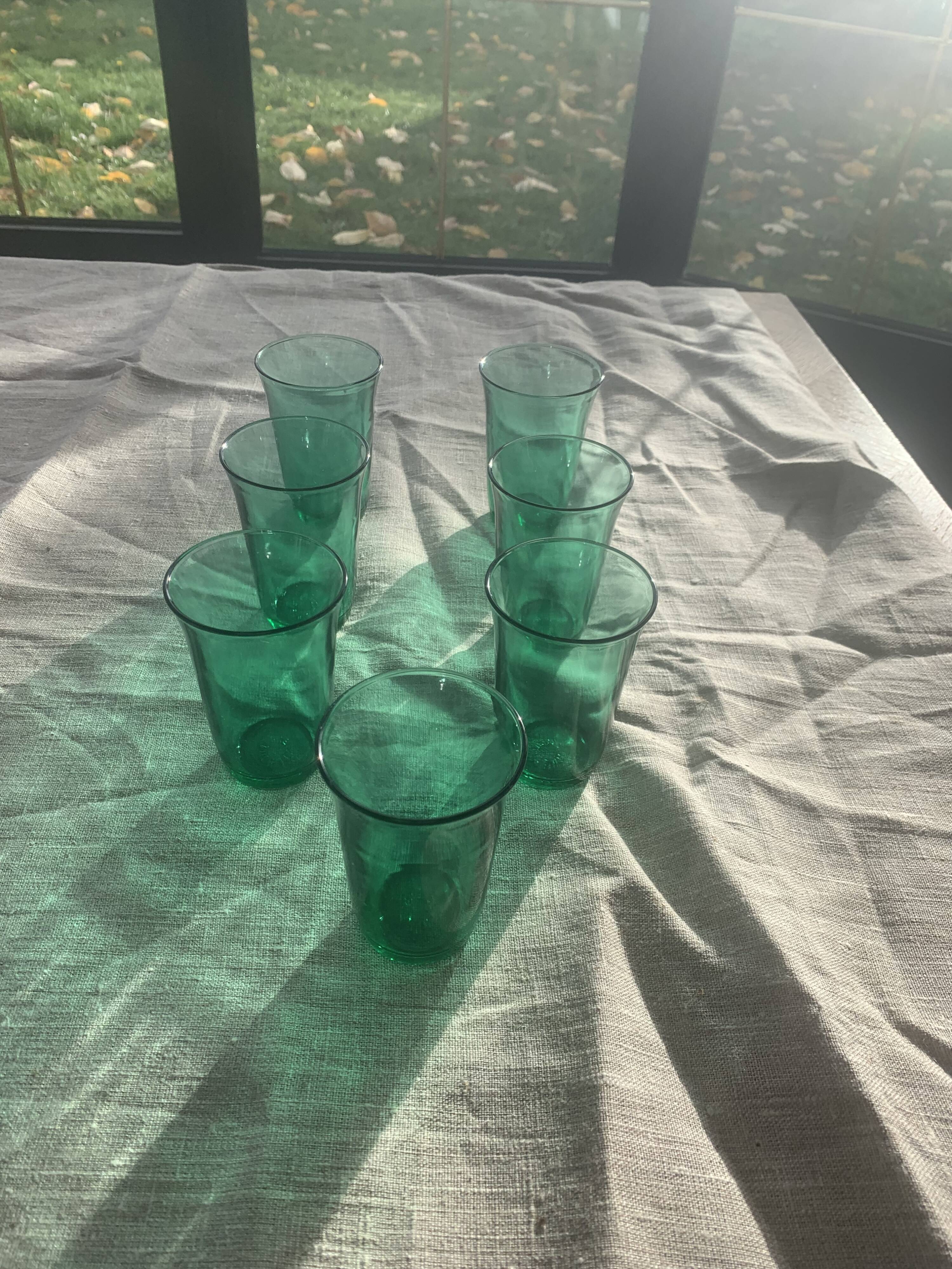 7 water glasses in green glass advertising vintage Lesieur oil