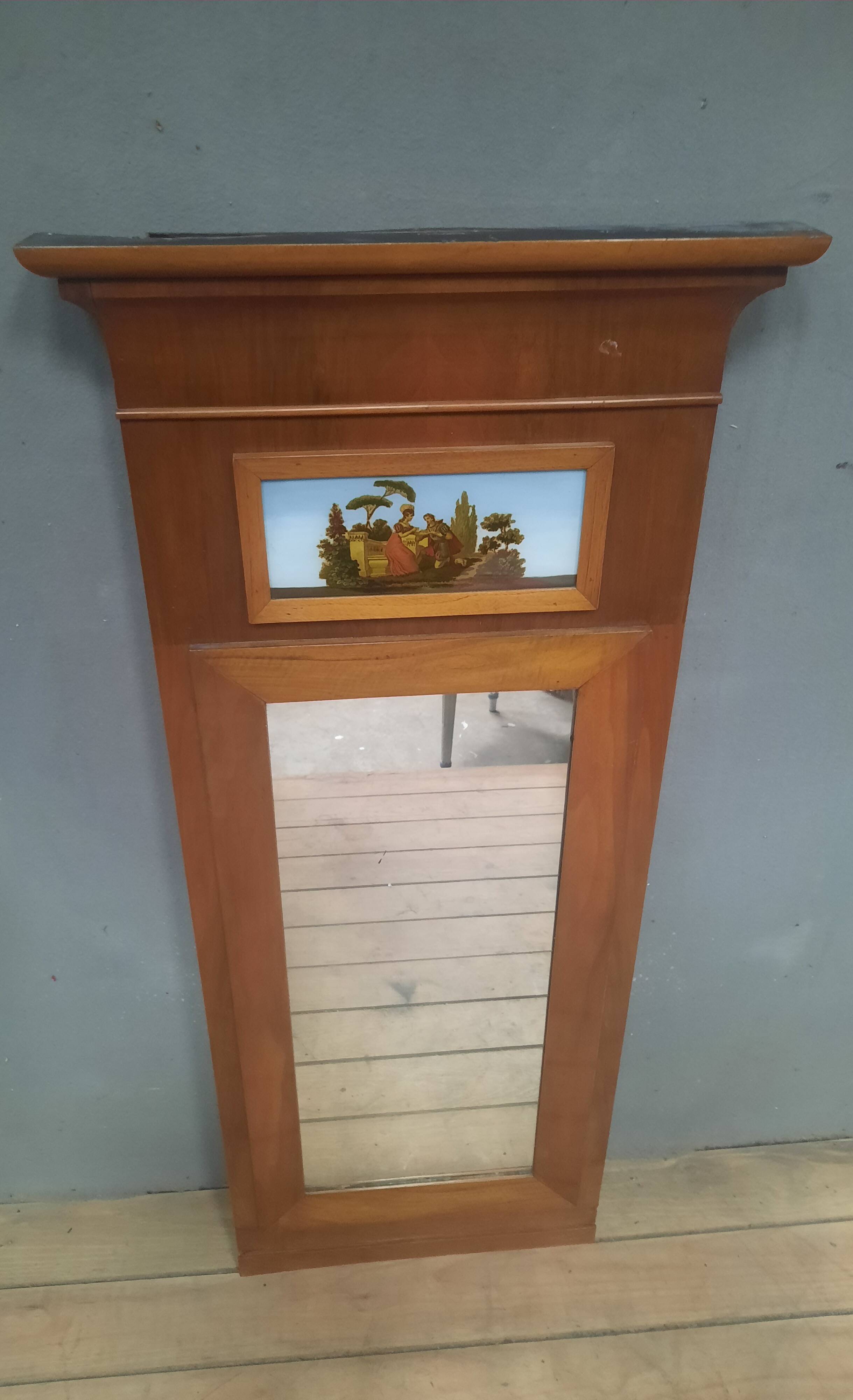 Small varnished wooden trumeau with a gallant scene motif