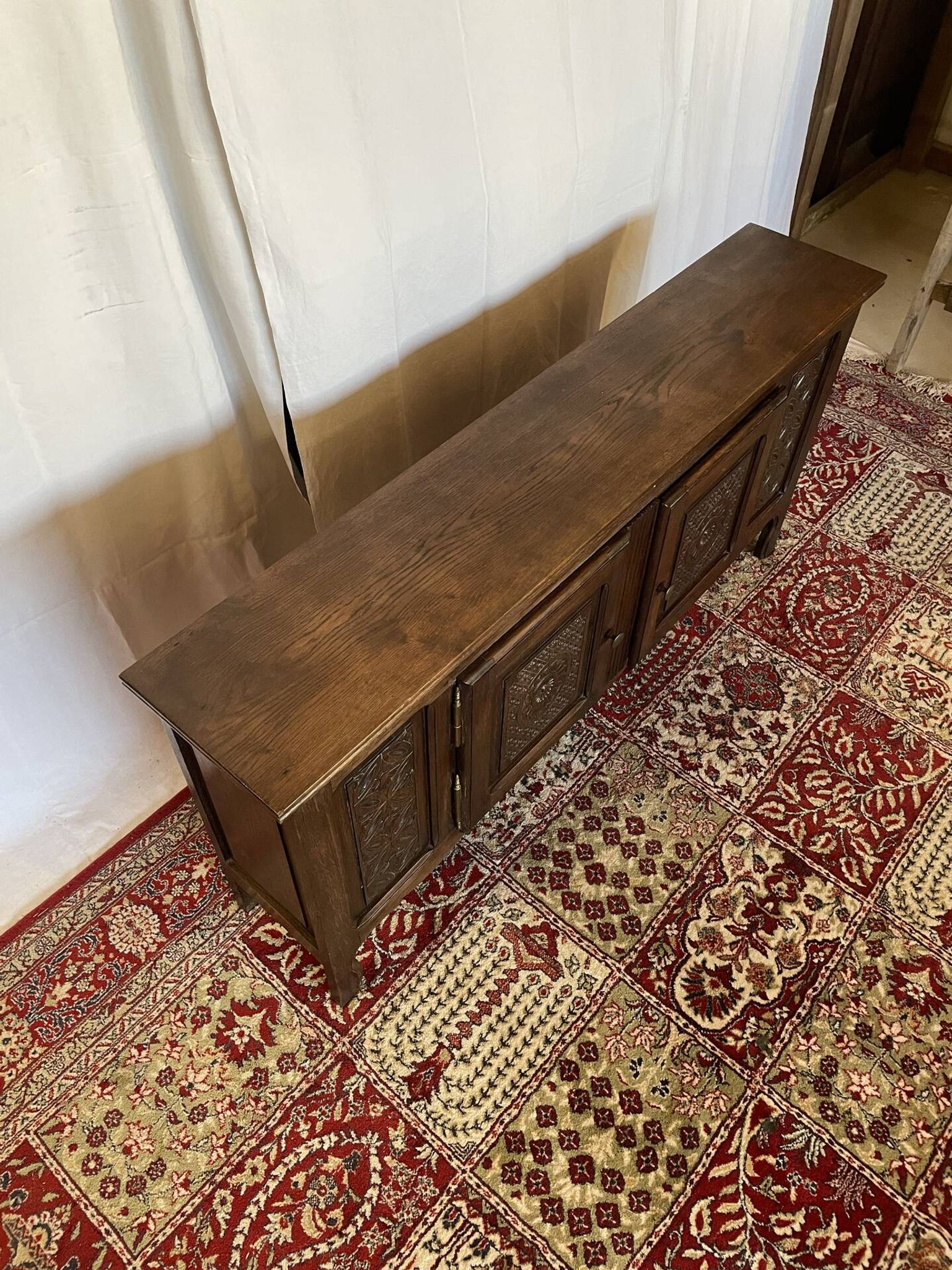 Vintage low sideboard in carved solid oak, Basque style.
