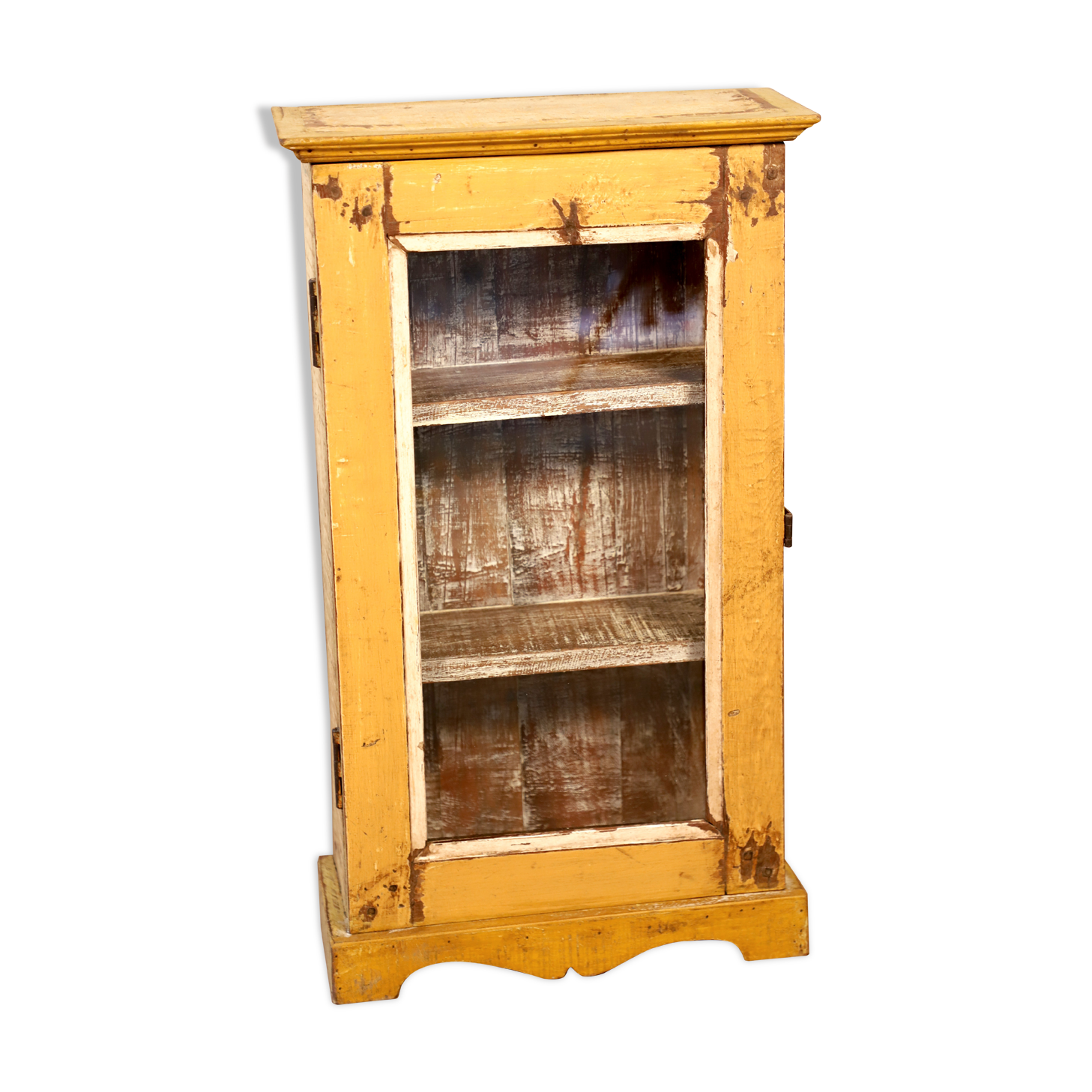 Showcase burmese teak wall shelf with original yellow patina