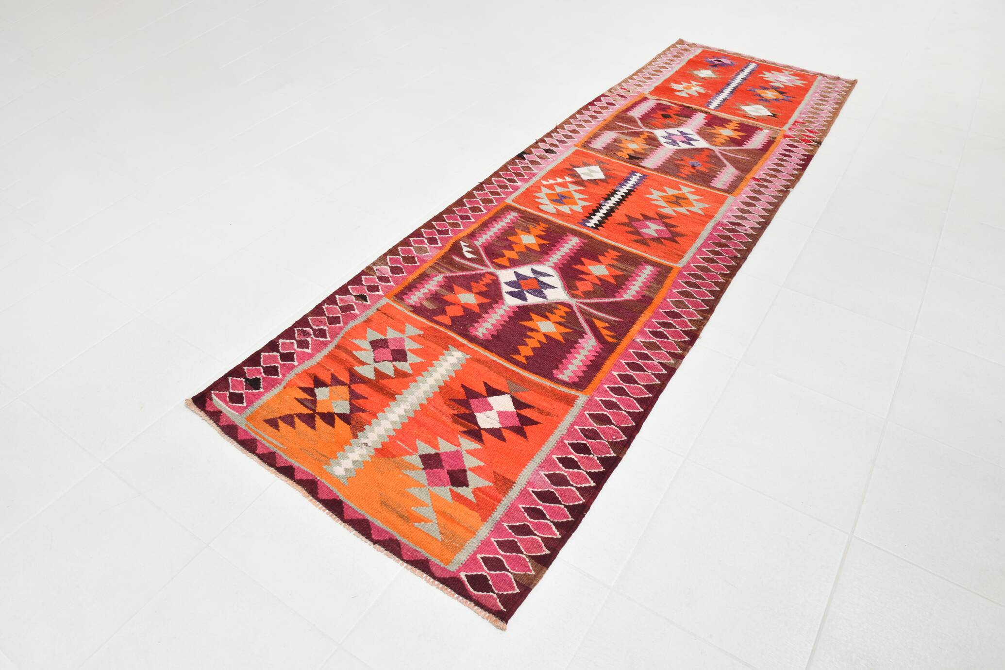 3x11 Pink Brown Vintage Kilim Runner Rug, 104x328Cm