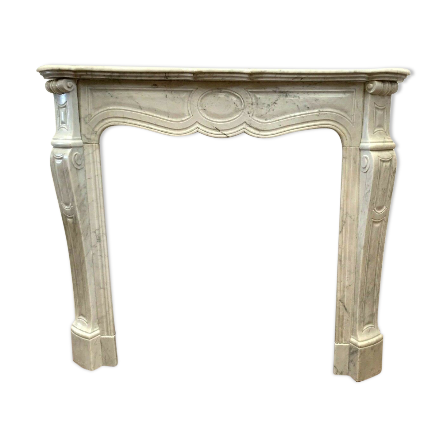 Louis XV style fireplace in white marble veined Carrara Italy 20th century