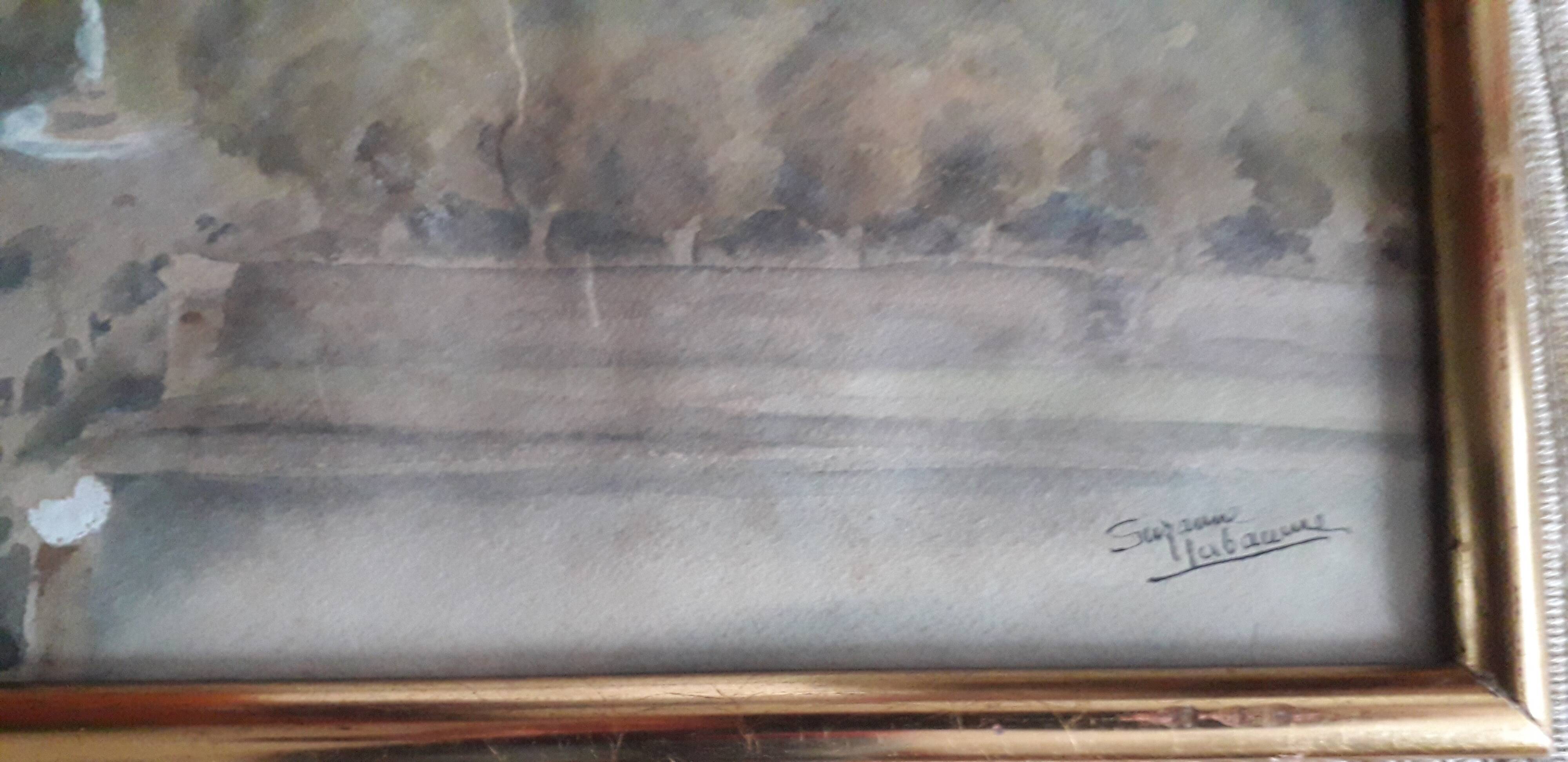 Old painting representing a Paris bridge