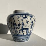 Blue and white Portuguese handmade vase with stylized pastoral pattern H:12,5cm