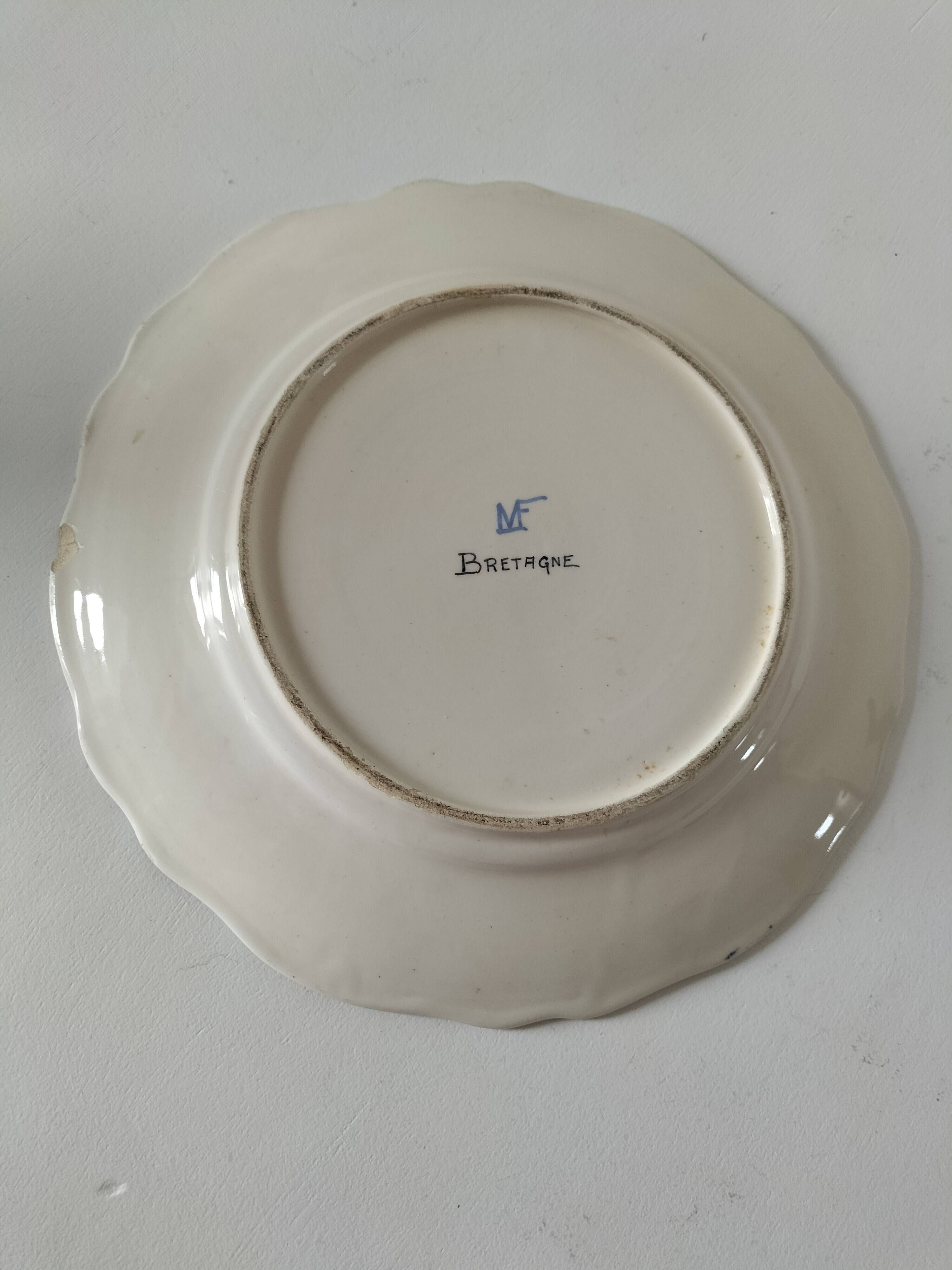 Vintage Breton earthenware plate – naive decor signed MF – Brittany