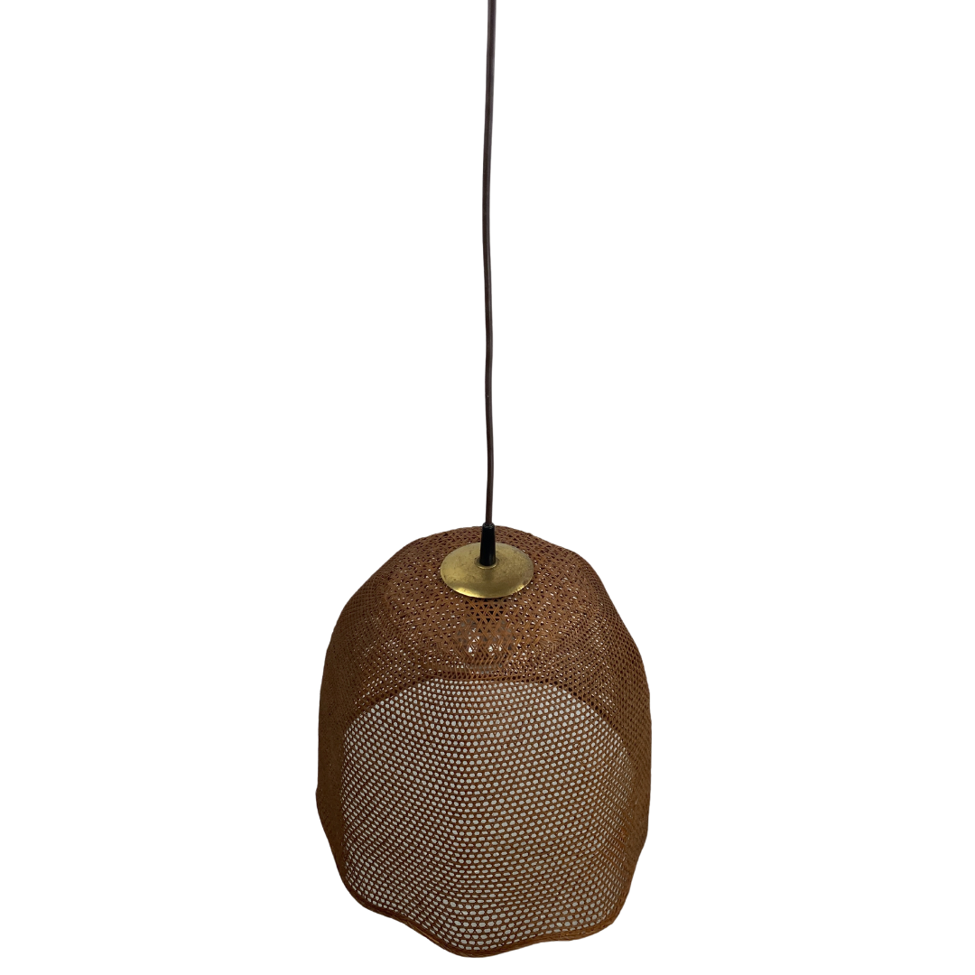 Rattan wicker webbing beehive pedant hanging lamp with brass, Dutch 1960s