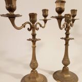 Old brass candlesticks 3 arms set of 2