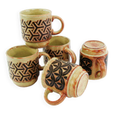 5 beige and fawn stoneware mugs - brown geometric decor - made in England - vintage 70s