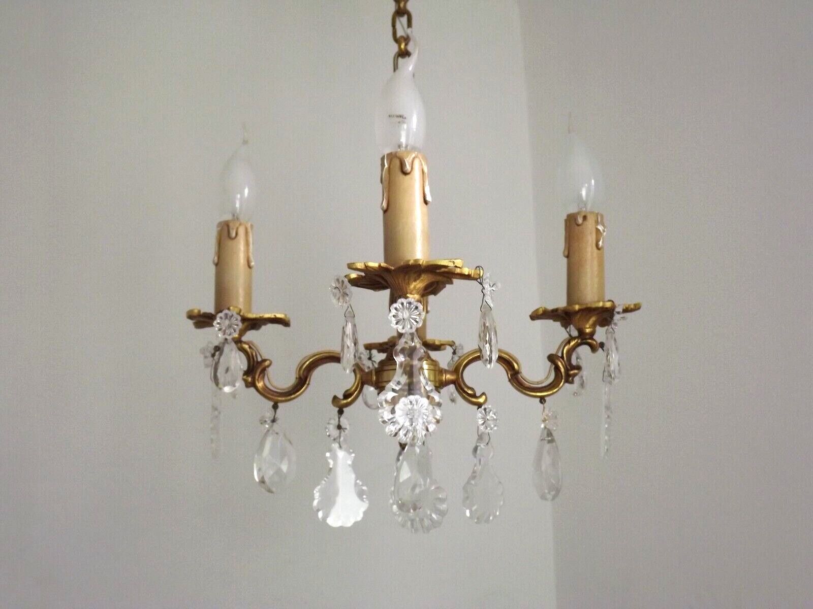 Vintage french brass 4 light chandelier assorted faceted crystal 4007