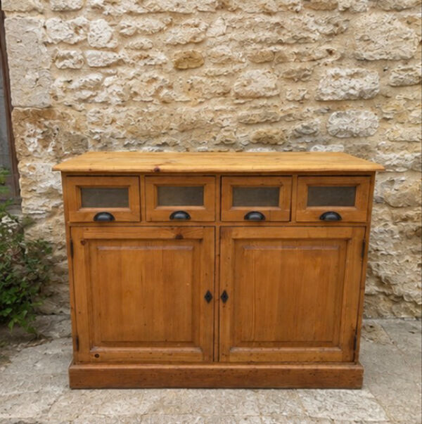 Buffet de métier en pin massif à 4 tiroirs vitrés