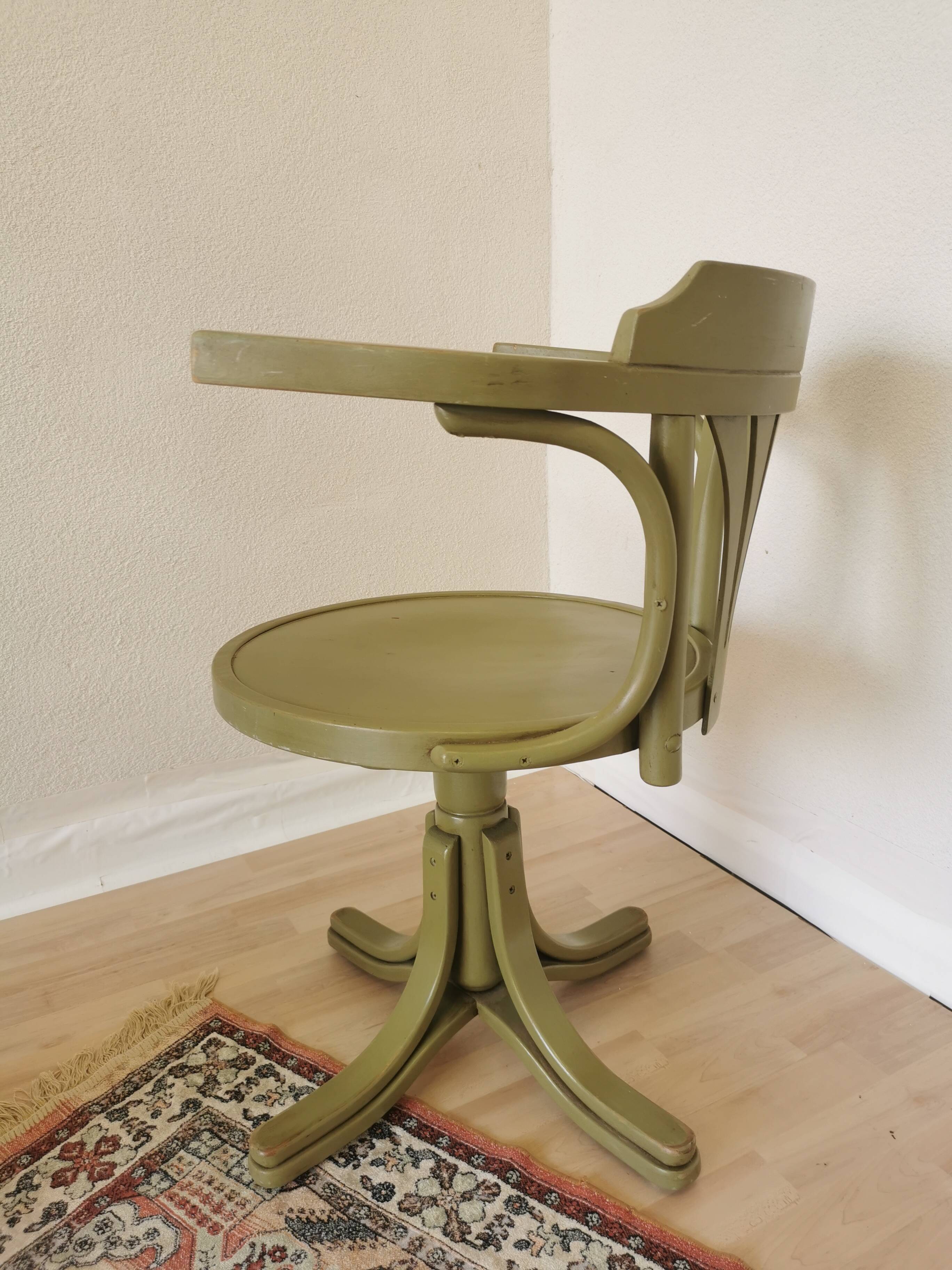 Vintage Thonet Style Bentwood Swivel Chair - Olive Green Retro Armchair