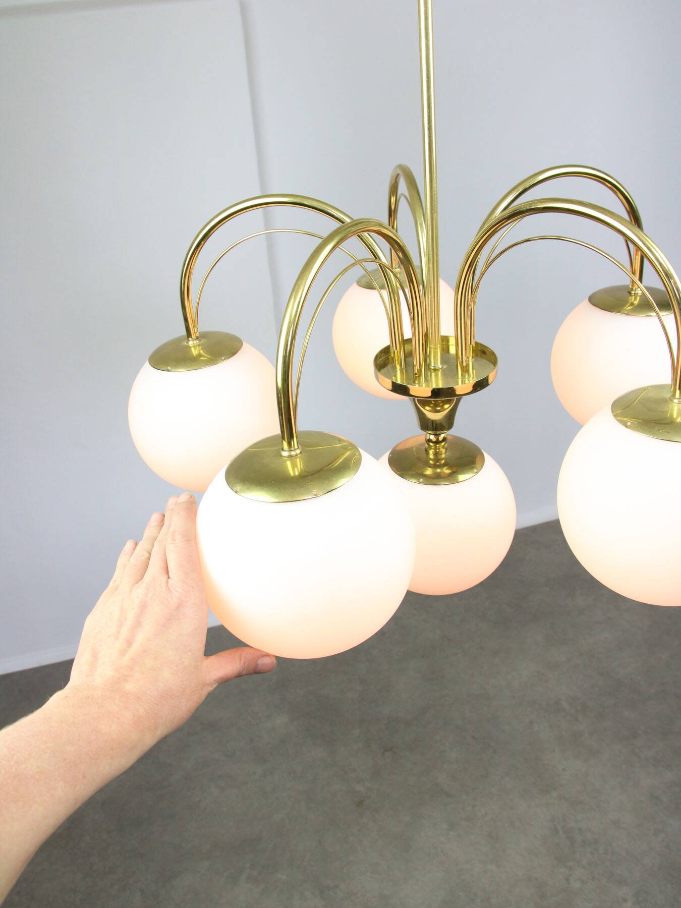 Vintage Golden & Opaline Glass 5-Arm Chandelier, 70s