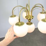 Vintage Golden & Opaline Glass 5-Arm Chandelier, 70s