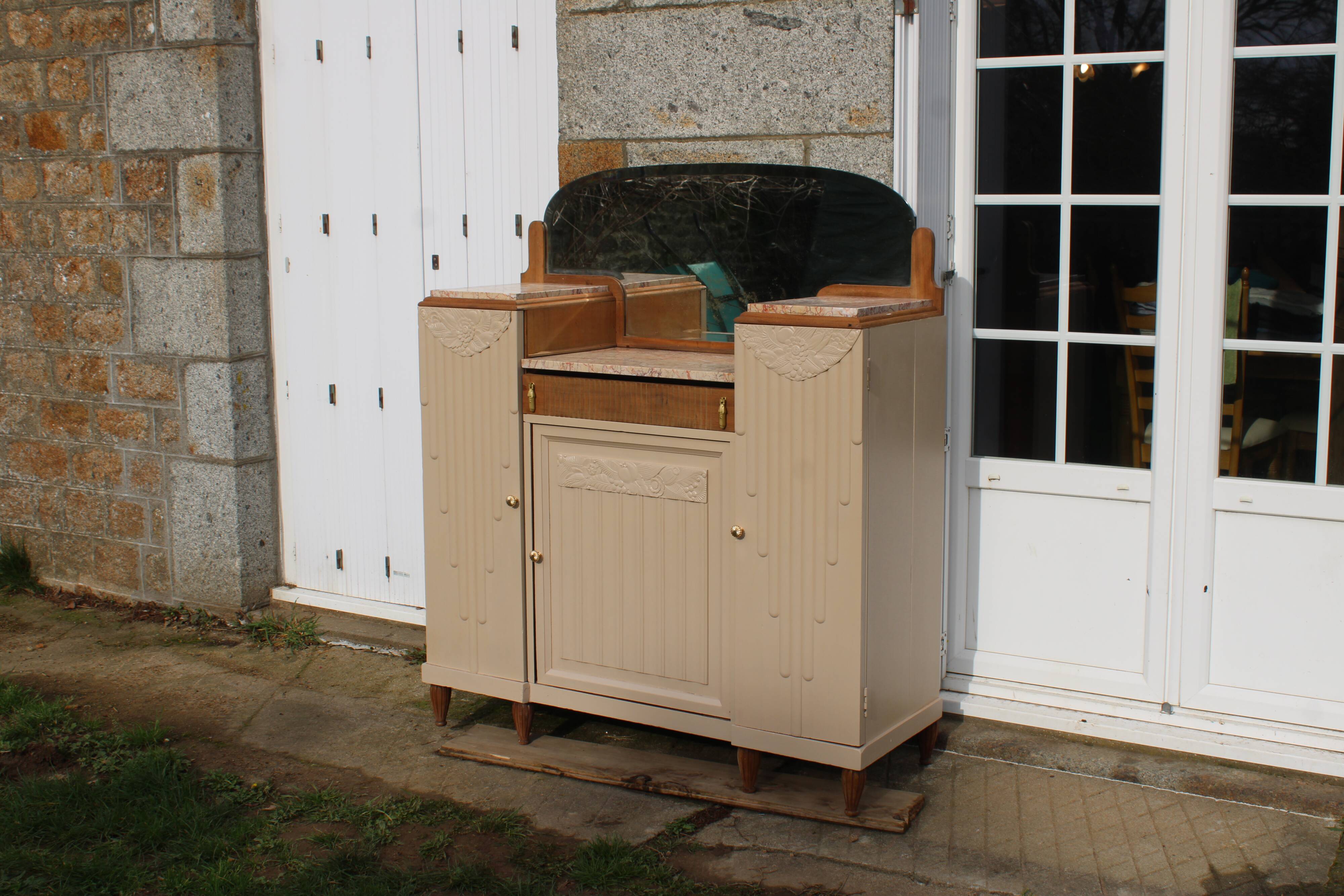 Renovated Art Deco buffet, pink marble and original mirror.