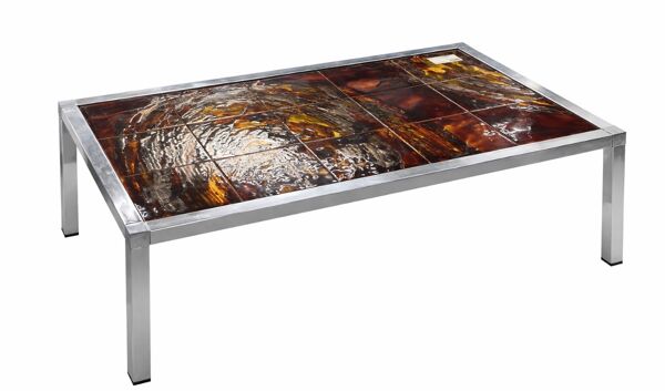 Table basse vintage années 70 – métal chromé & carreaux émaillés