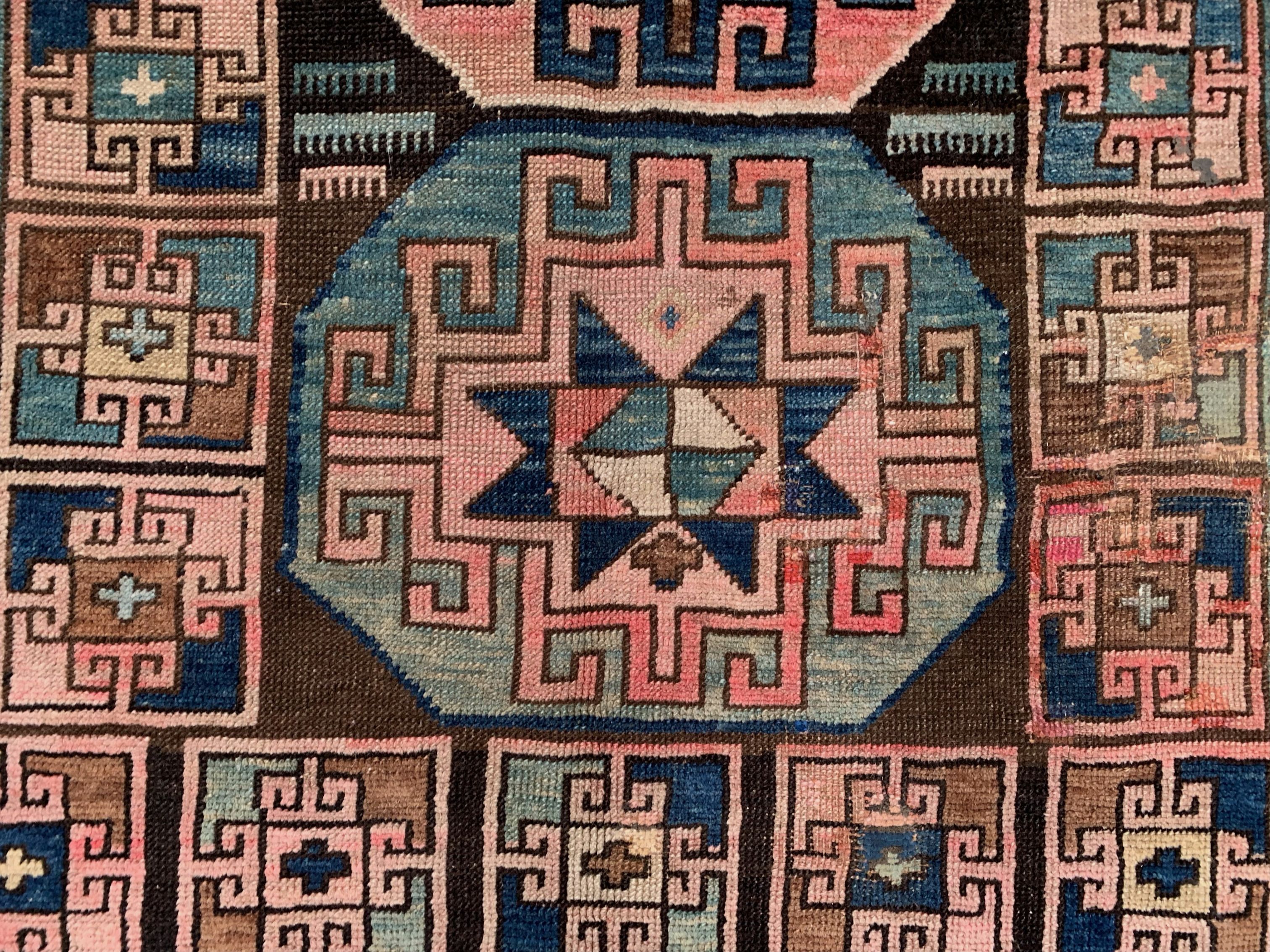 Old Turkish Kazak Rug 226x135 cm vintage tribal carpet, Red and Blue Large