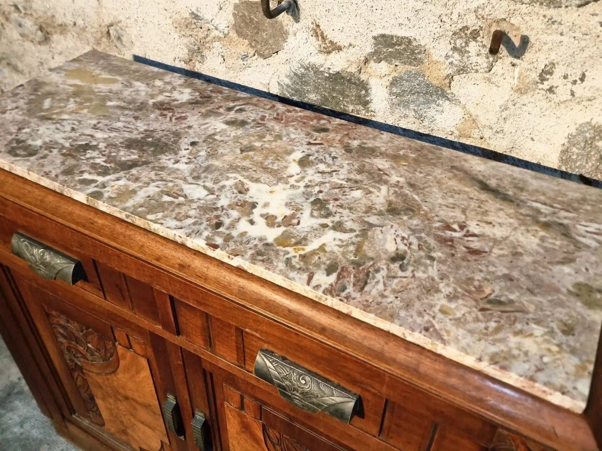 French Art Deco walnut sideboard with marble top (1920s)