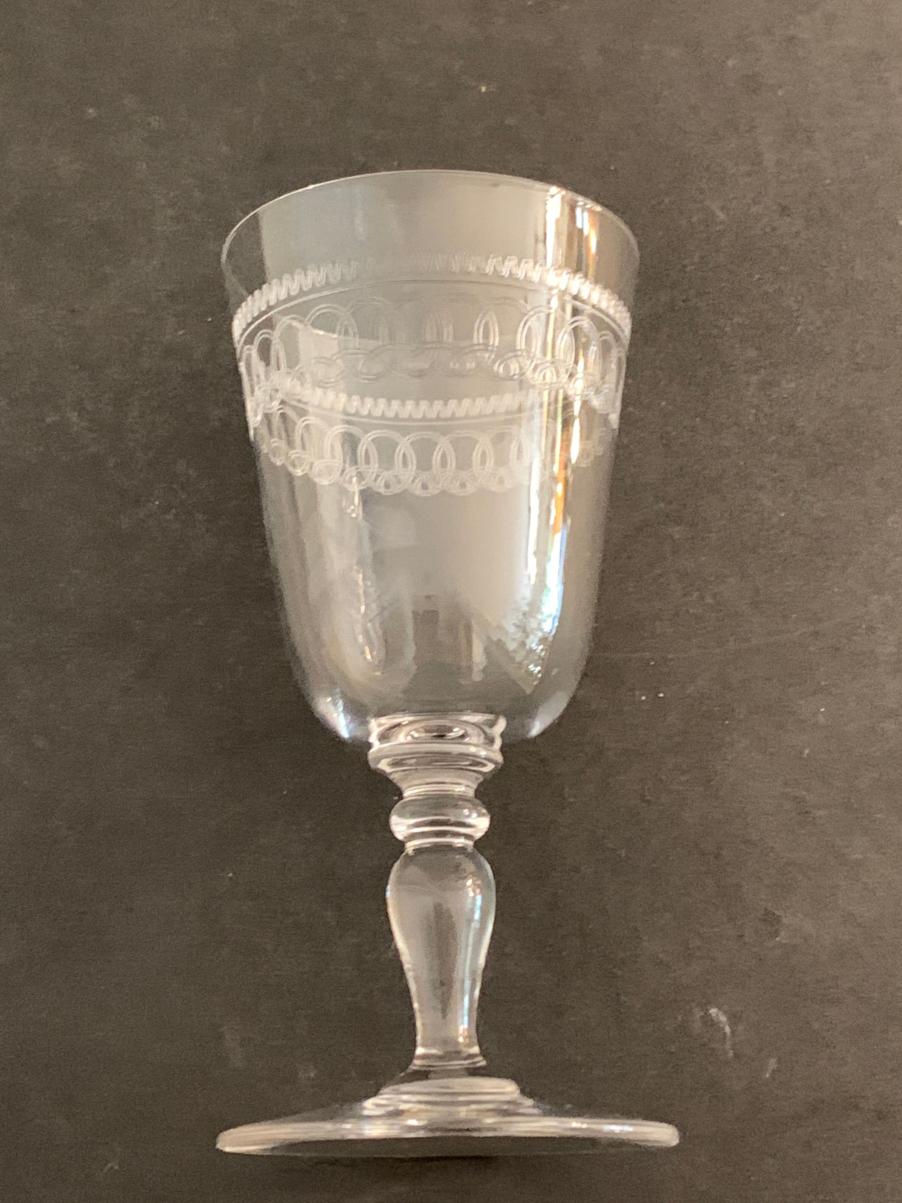 6 antique engraved crystal wine glasses