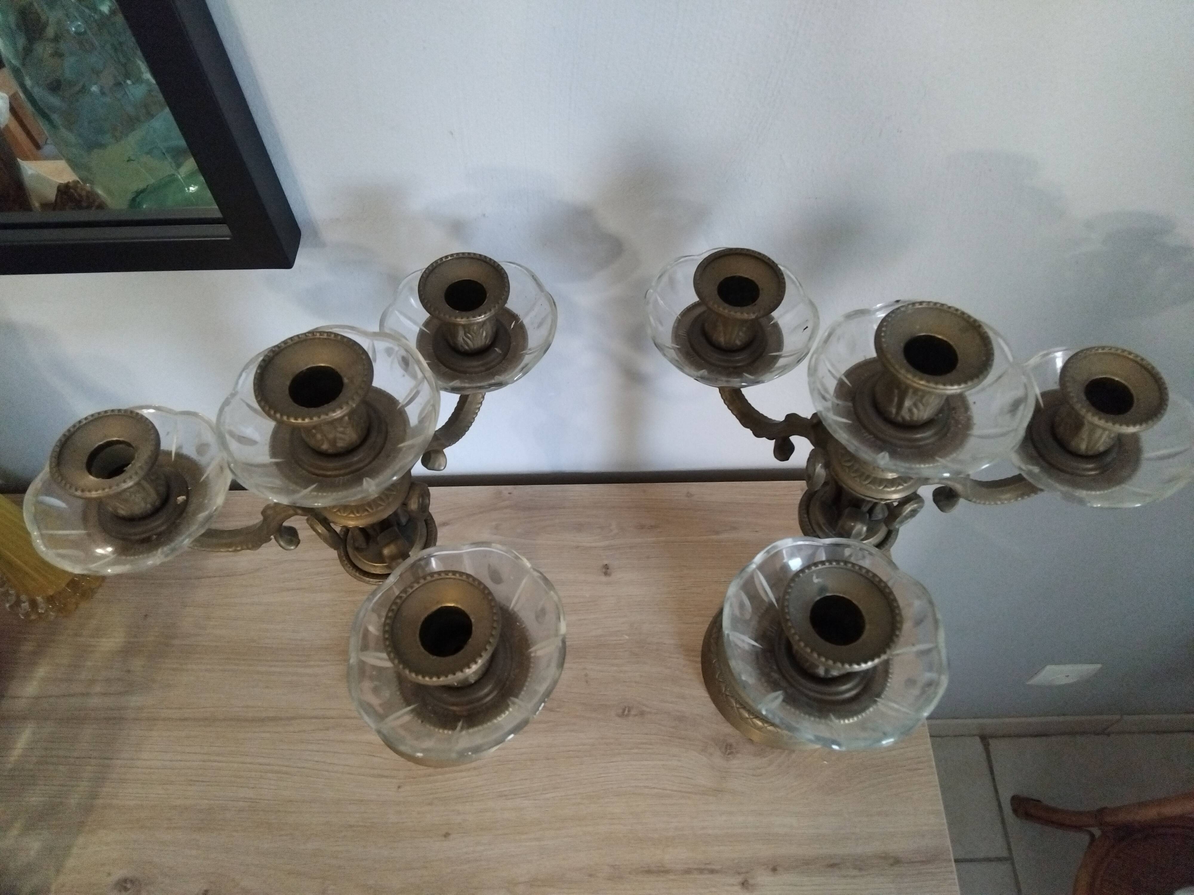 Pair of candelabra candle holders in bronze and glass louis xvi