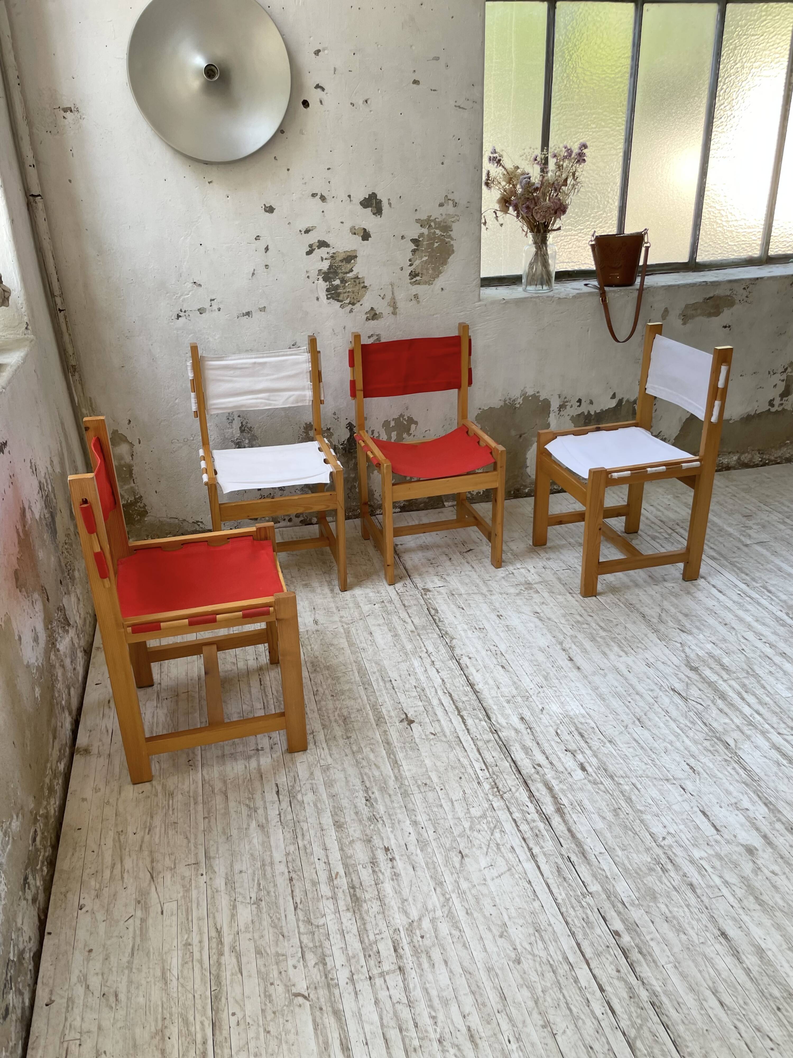 Set of 4 80s colored pine chairs