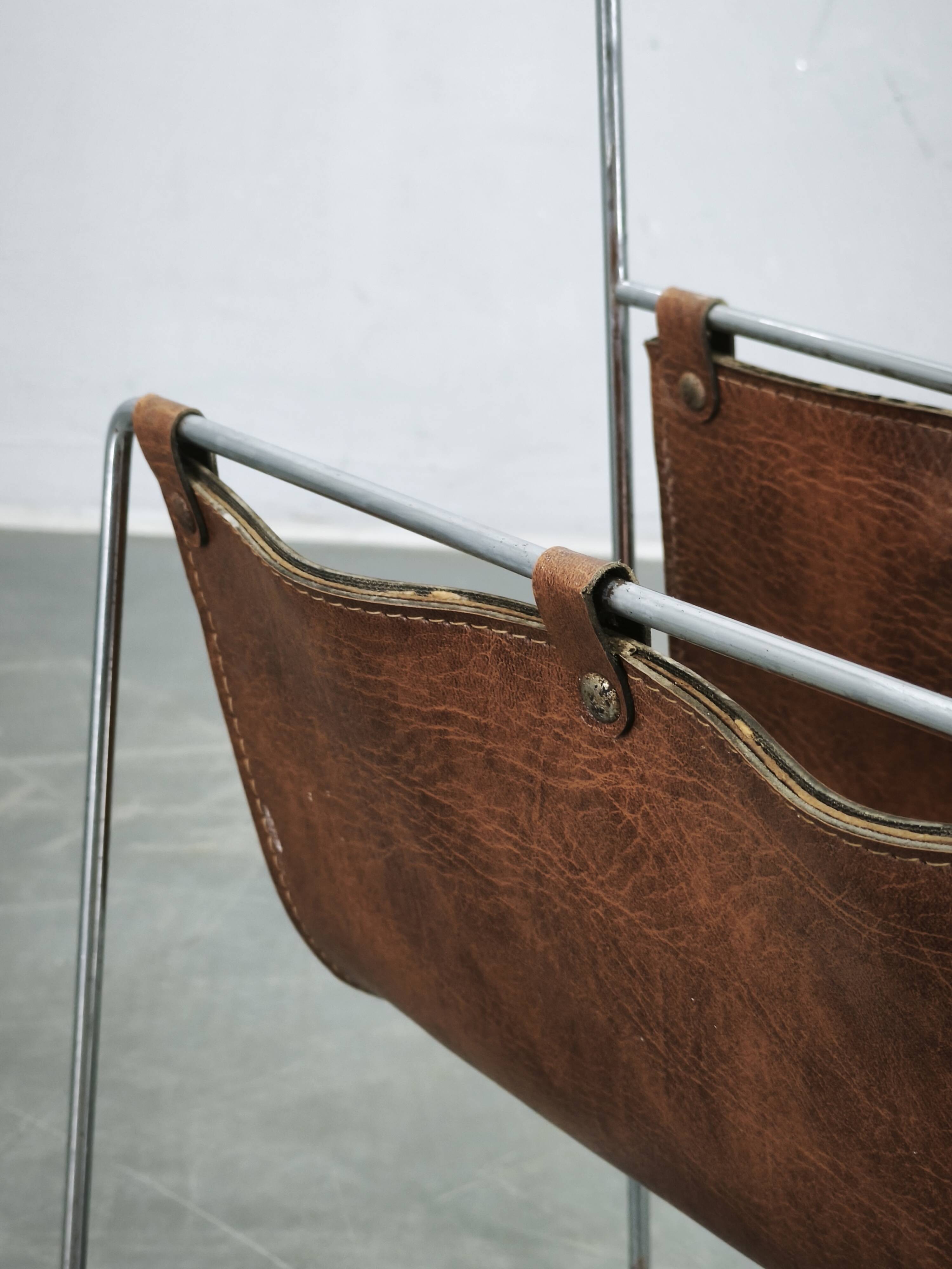 Italian Modernist Leather and Chrome Magazine Rack, 1980s