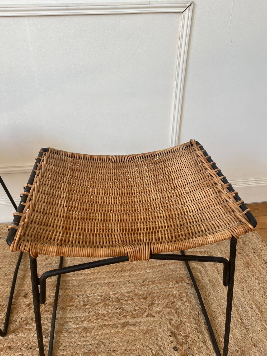 Pair of Raoul Guys stools for Airborne in wicker 1950
