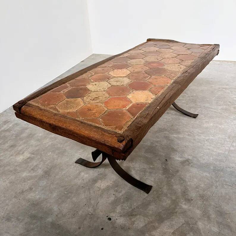 Vintage French Coffee Table in Terracotta with Oak and Iron Legs, Mid-20th Century