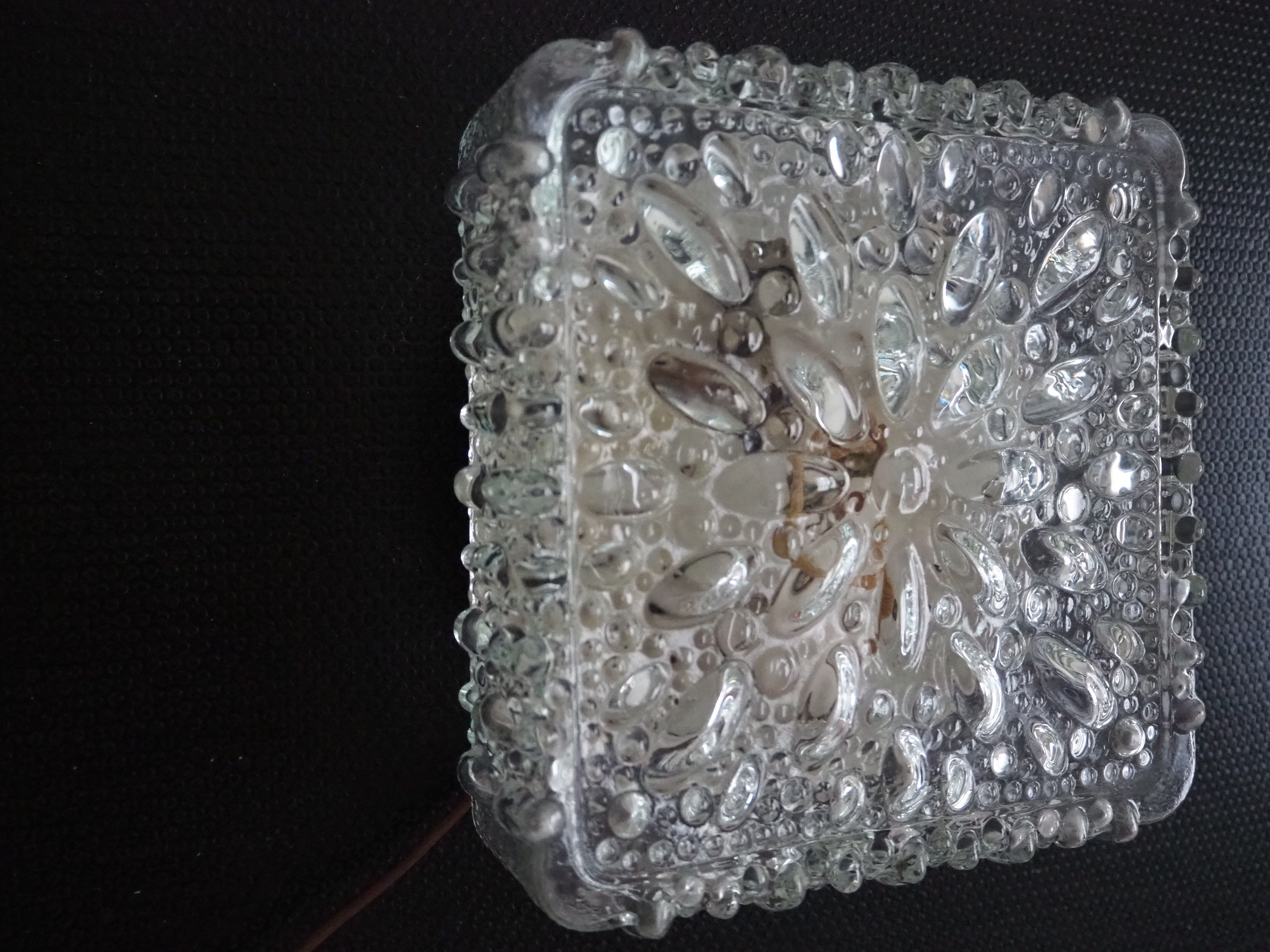 Transparent molded glass ceiling lamp – square shape – floral print.