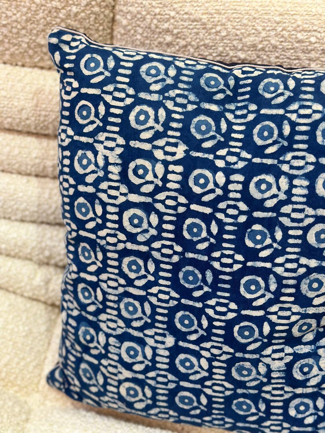 Indian blockprint flower pattern cushion cover colorful cotton royal blue indigo washed