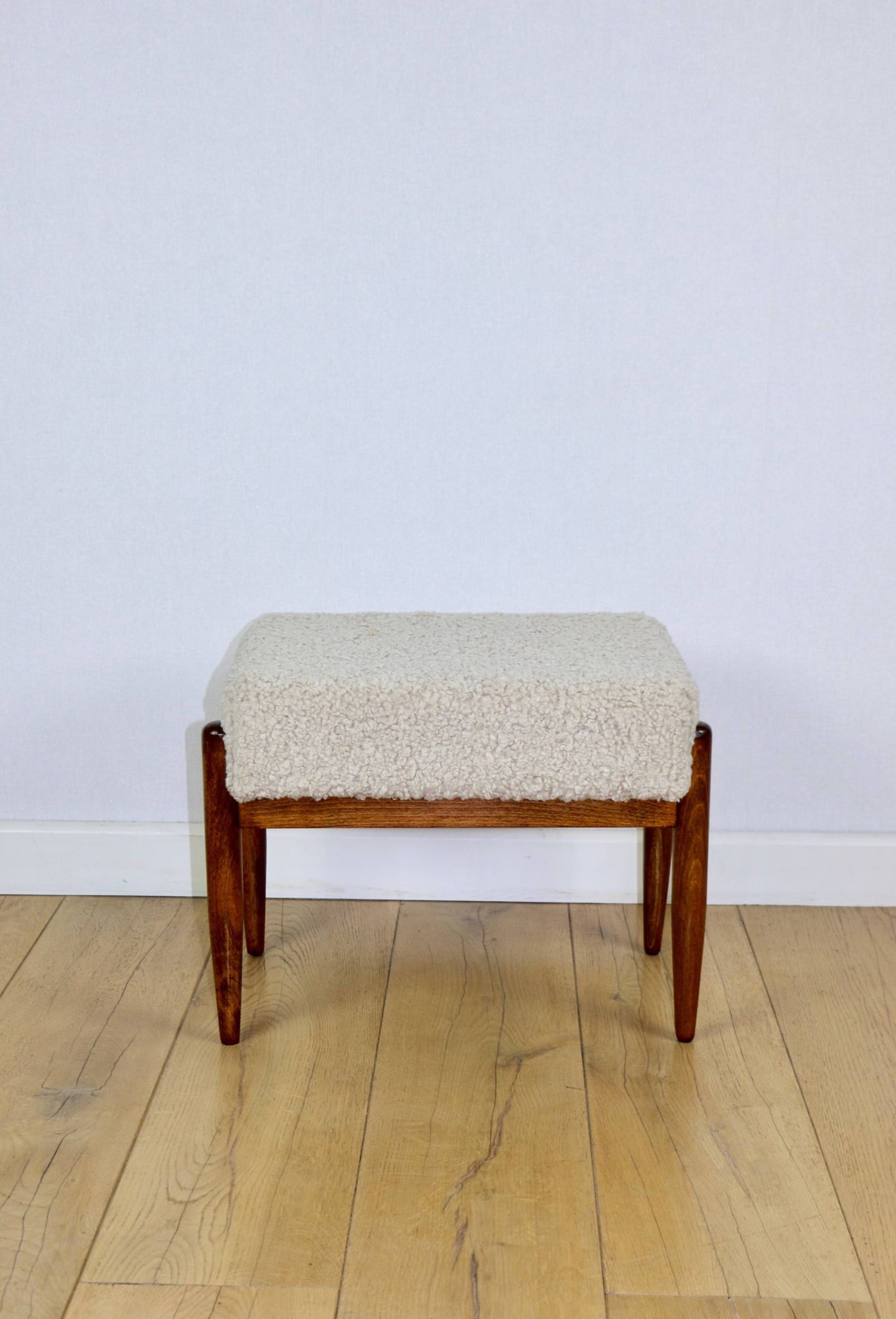 Edmund Homa stool, cream ivory beige boucle seat, long pile lamb