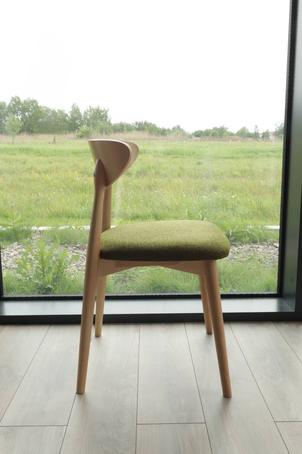 Natural Dining Chair with green upholstery, new modern design vintage style