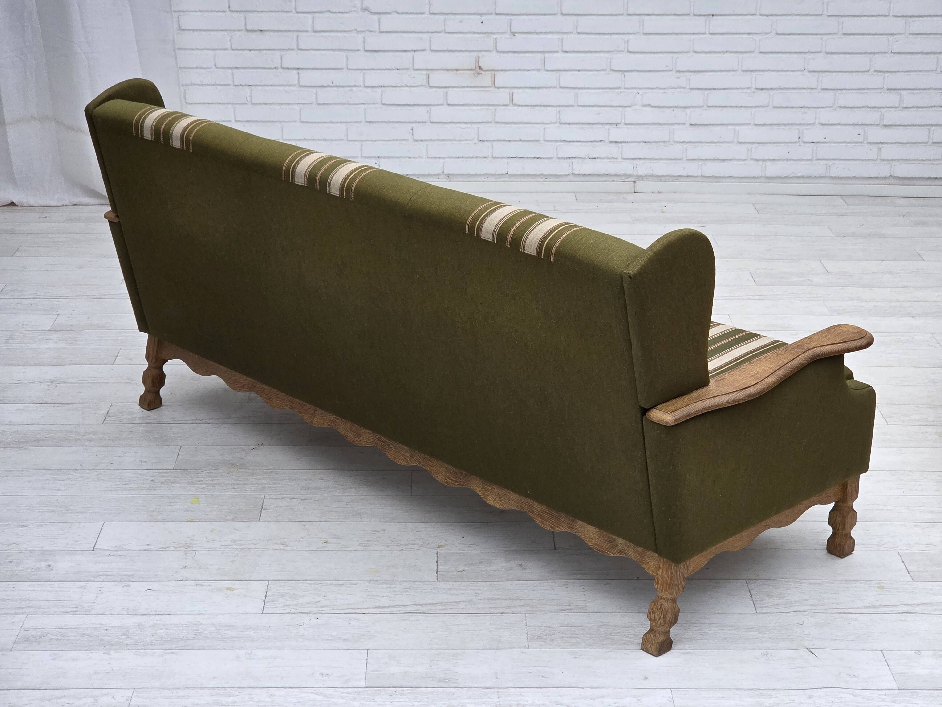 1970s, Danish 3-seater sofa, furniture wool, solid oak wood.