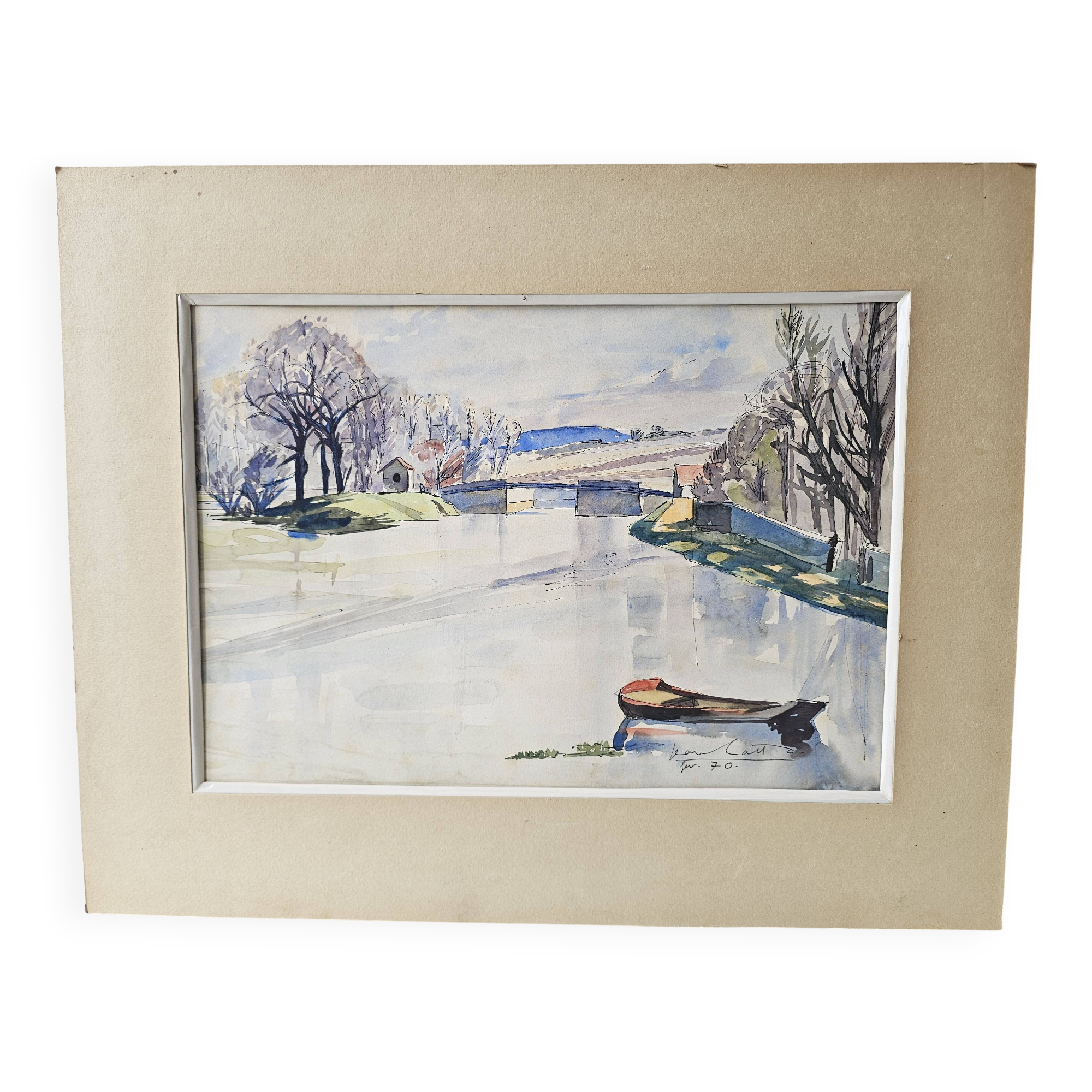 Watercolor on cardboard frame, canal view, signed Jean. Signature to be identified.
