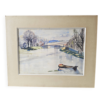 Watercolor on cardboard frame, canal view, signed Jean. Signature to be identified.