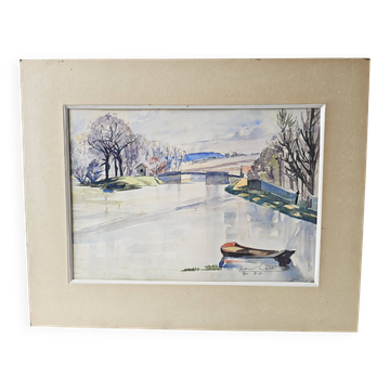 Aquarelle sur cadre cartonné vue du canal signé jean Signature à identifier
