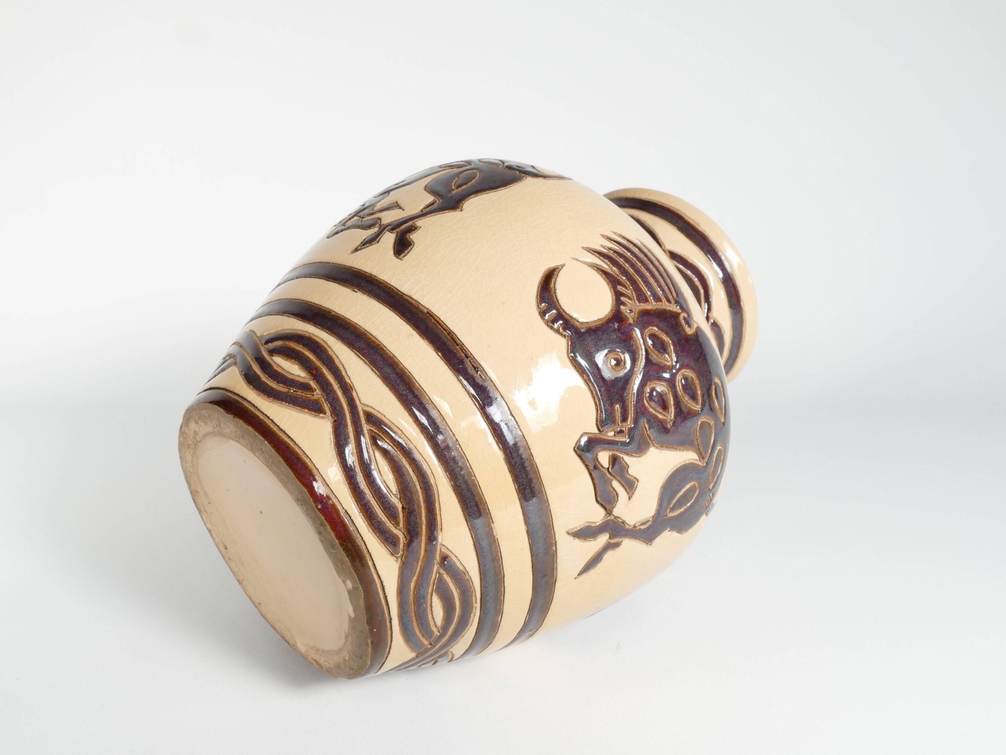 Vintage Ceramic Vase with Brown Bulls and Bands