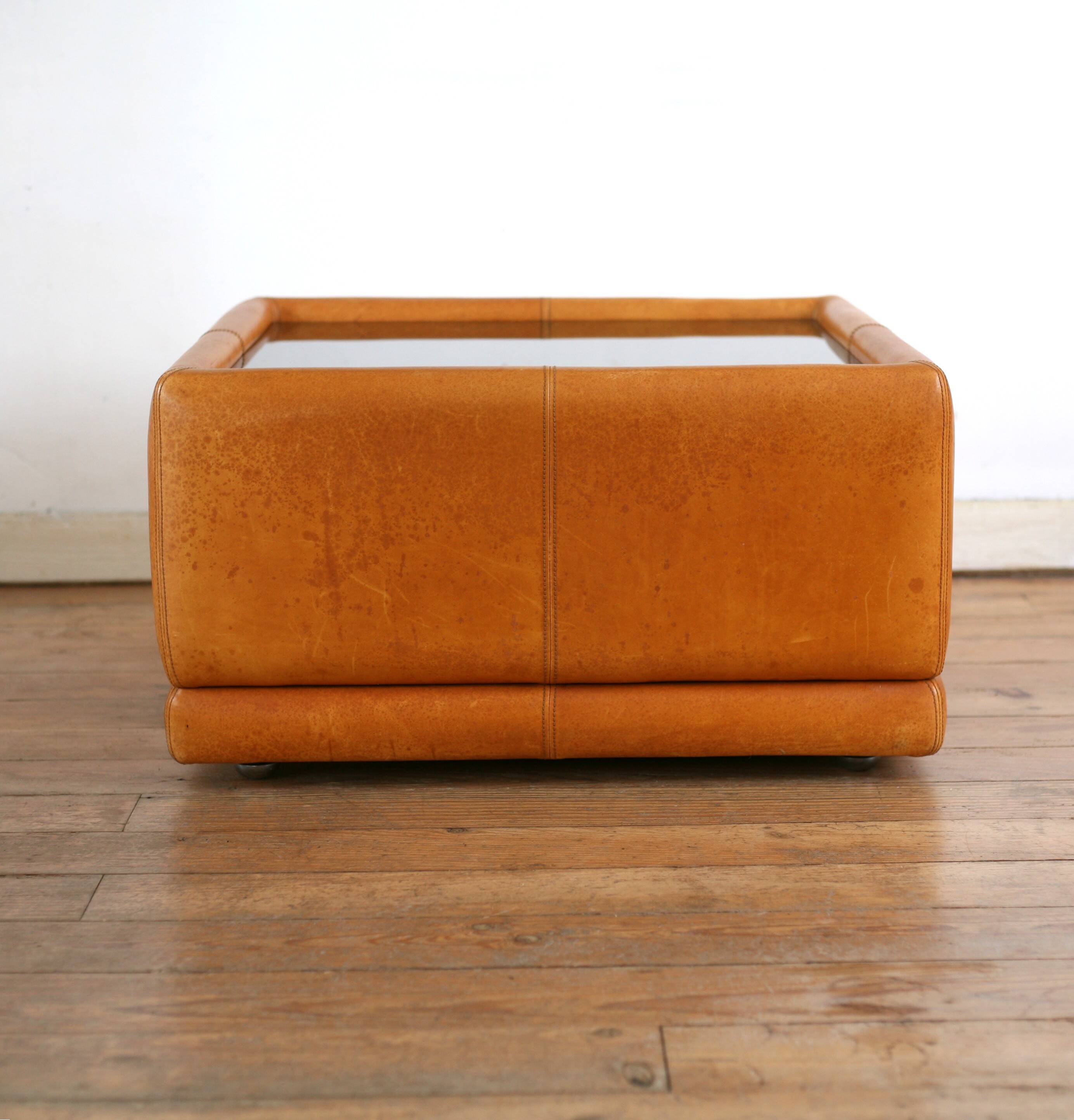 black leather and glass coffee table, vintage design